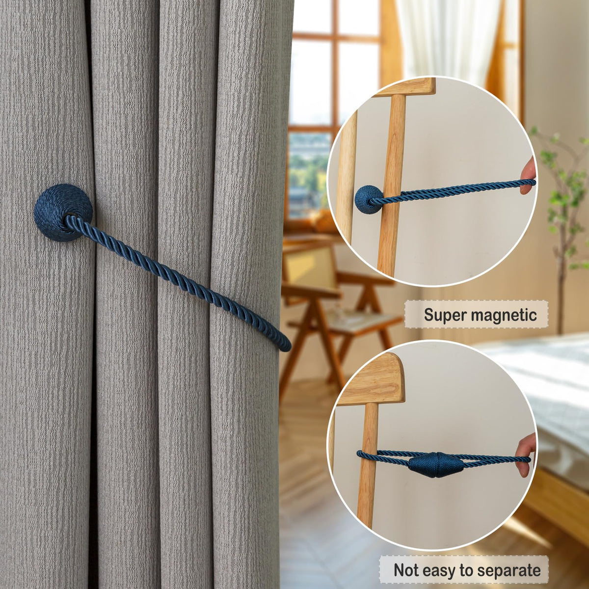 Magnetic Curtain Tiebacks 6 Pack Outdoor Rope Curtain Tie Backs Decorative Window Treatment Holdbacks for Home Decorative Curtain (6 Count)