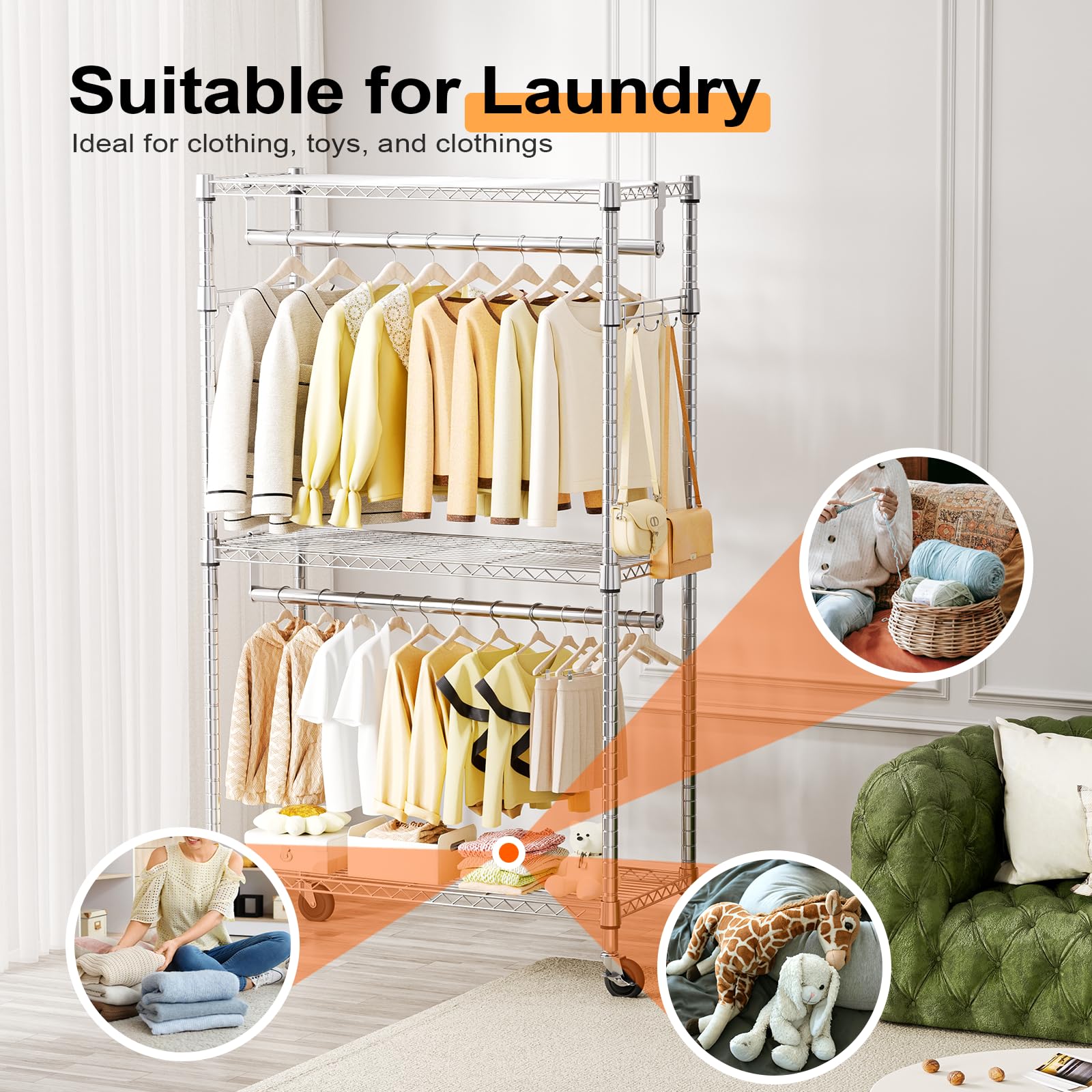 Heavy Duty Rolling Garment Rack 3 Tiers Adjustable Wire Shelving Clothes Rack with 2 Rods and Side Hooks