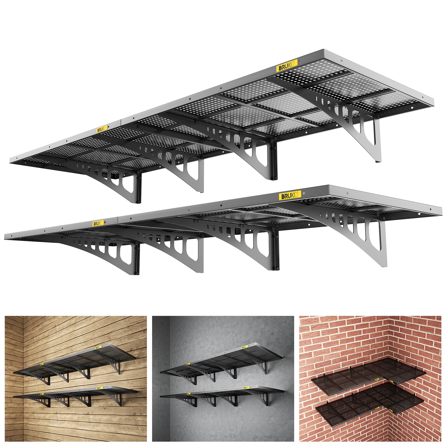 4Pack 2x3ft Adjustable Metal Garage Wall Shelving Heavy Duty Garage Storage Shelf Wall Mounted Black (4 Count)
