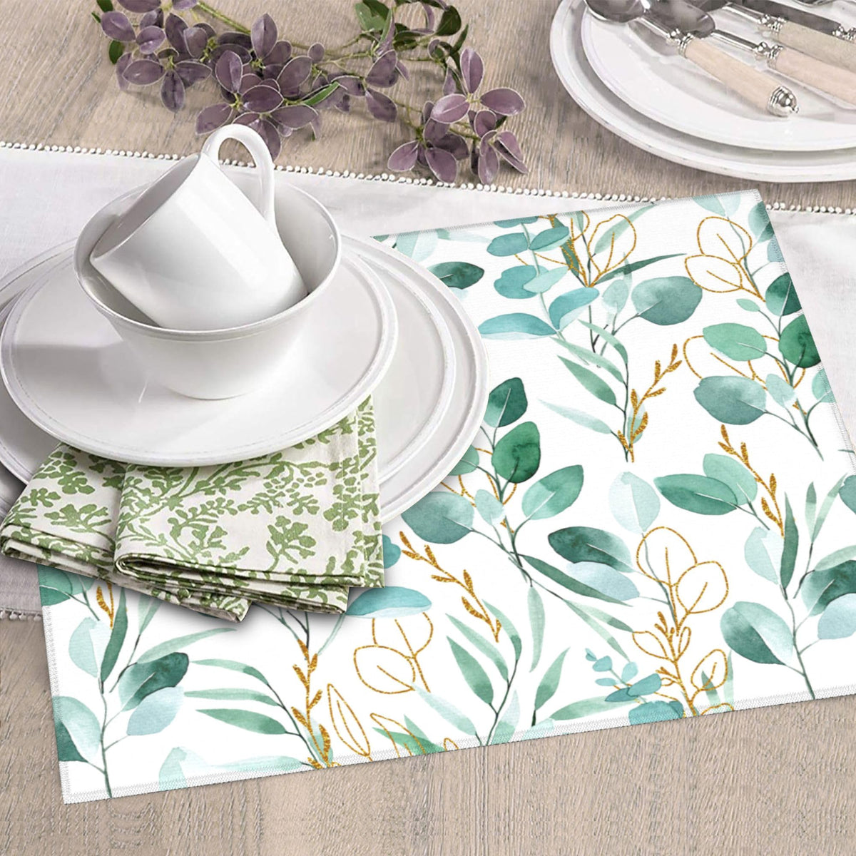 Sage Green Leaves Dish Drying Mat for Kitchen Counter 16"x18"