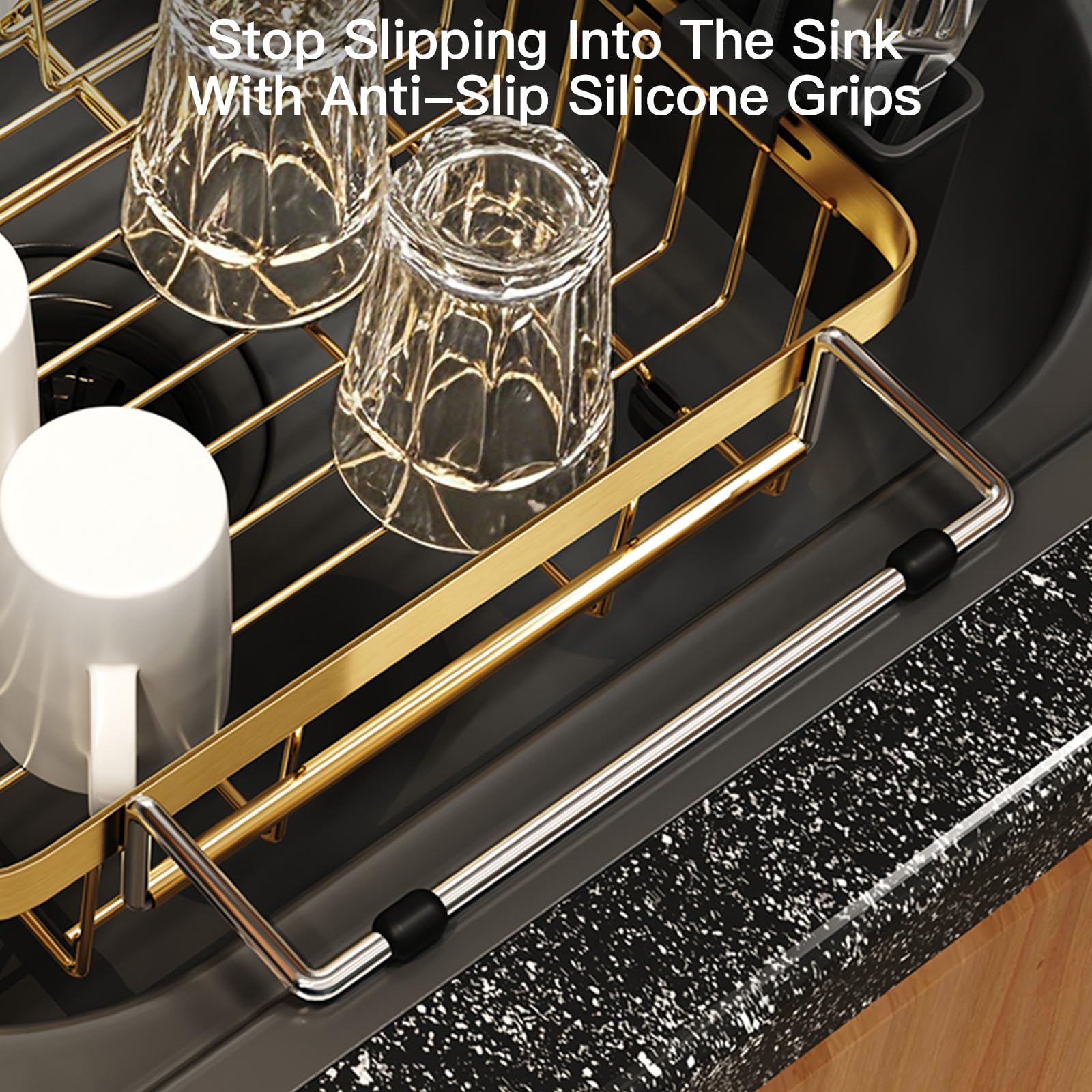 Gold Dish Drying Rack Over The Sink with Utensil Holder