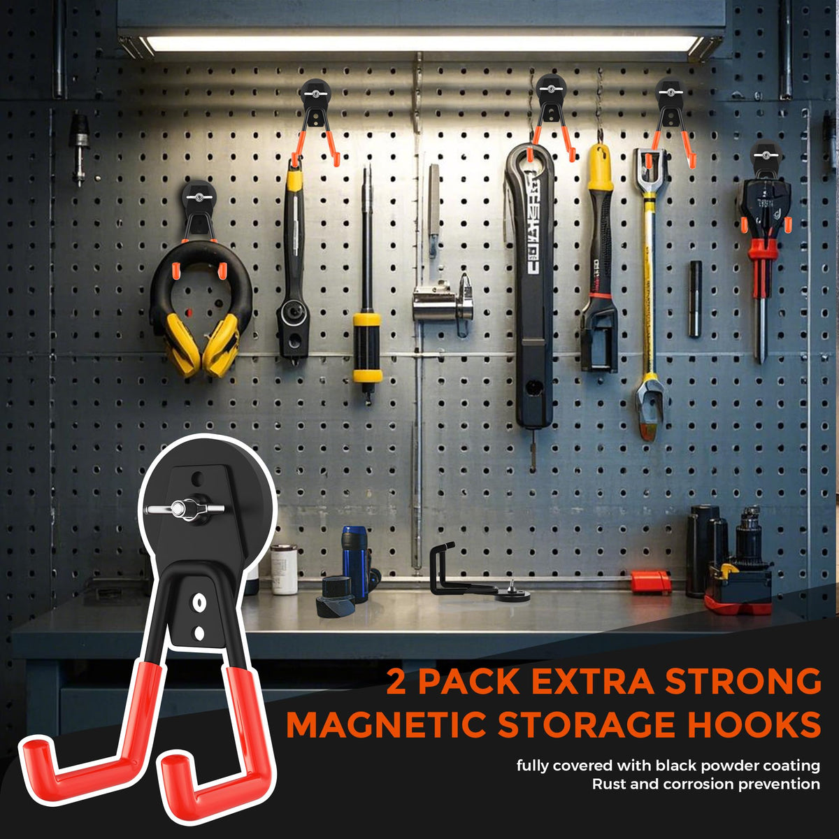 Large Strong Magnetic Hooks Heavy Duty Garage Big Magnet Hooks Extra Strength Magnetic Utility Storage Hook Hanger with Anti Slip Coating for Garden Indoor Outdoor Hanging Tools 2 Pcs Orange (2 Count)