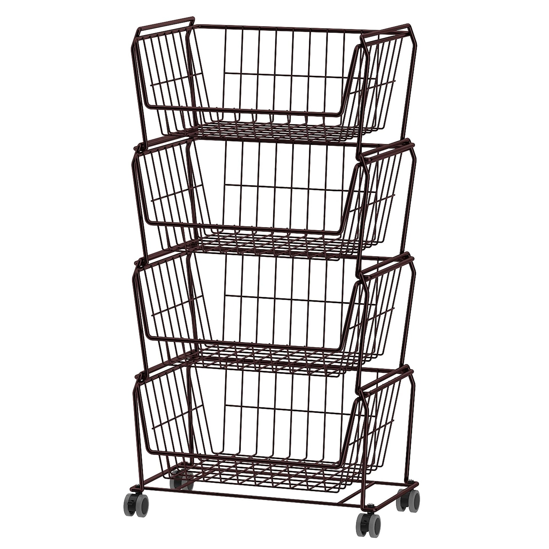 4 Tier Spacious Stackable Wire Storage Baskets with Wheels (4 Count)