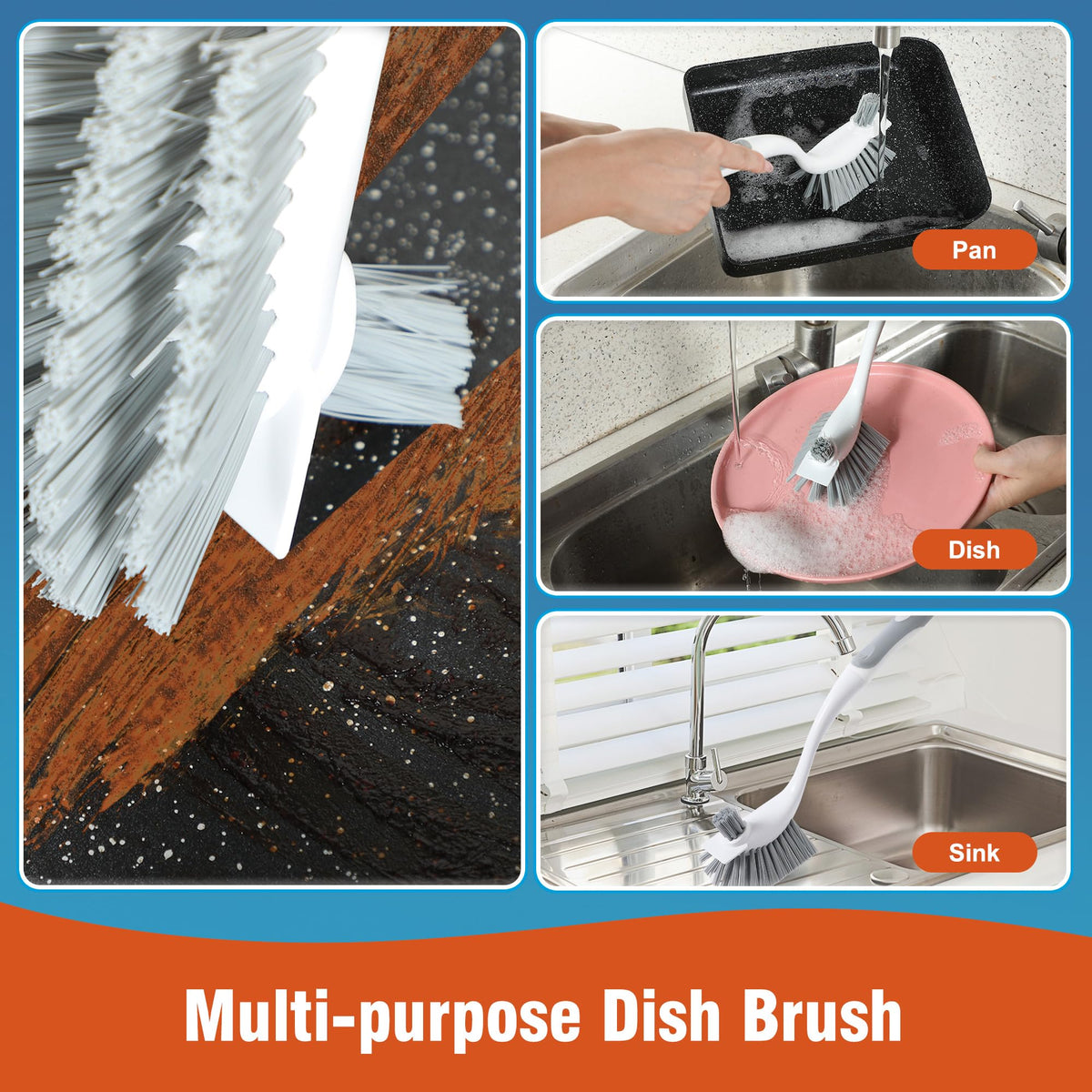 4 Pack Heavy Duty Dish Scrub Brushes with Long Handle (4 Count)