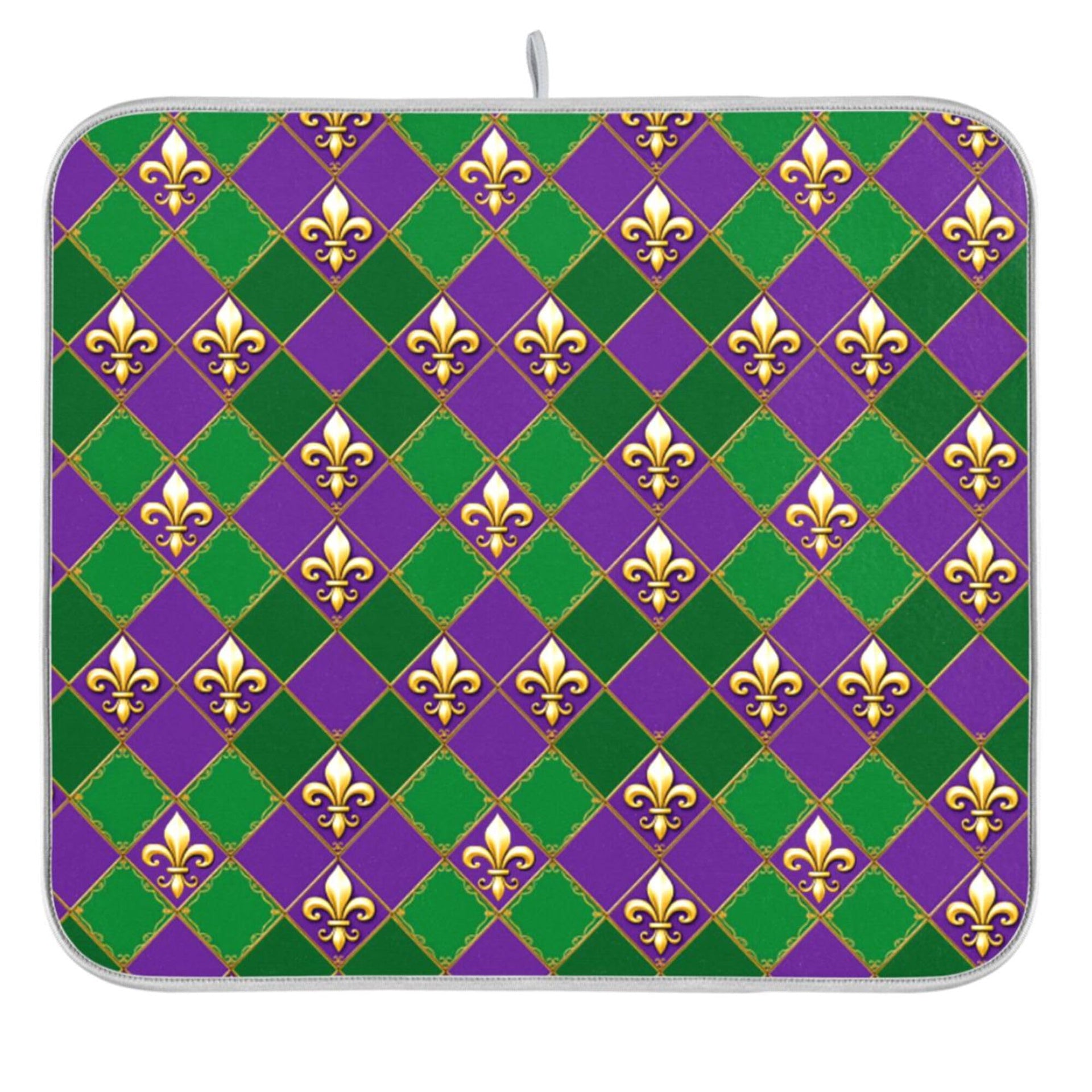Happy Mardi Gras Purple Green Dish Drying Mat for Kitchen Countertop 16x18 Fleur de Lis Buffalo Plaid Small Drying Mat Reusable Quick Dry Dish Sink Mats Easy Clean Decorative Essentials