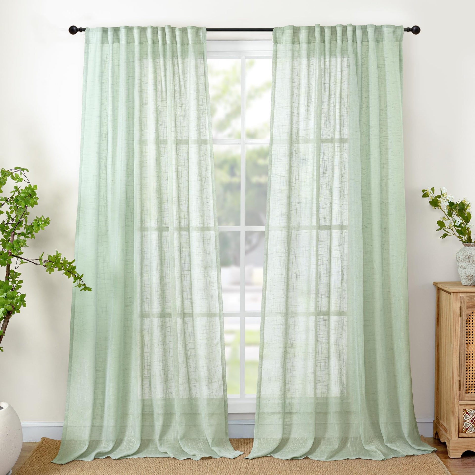 Light Green Linen Semi Sheer Curtains 84 Inch Length for Living Room (2 Count)
