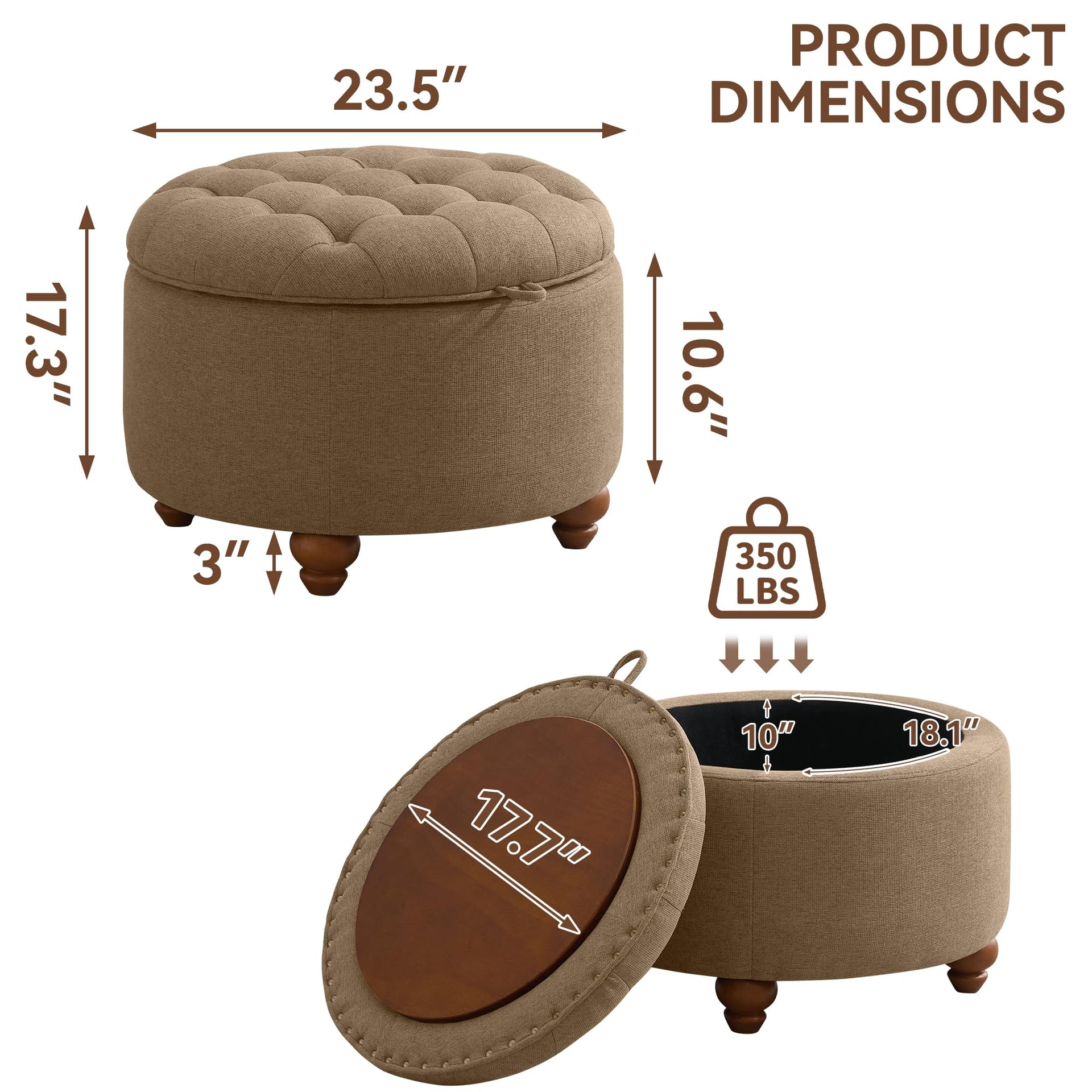 24Inch Round Storage Ottoman with Tray