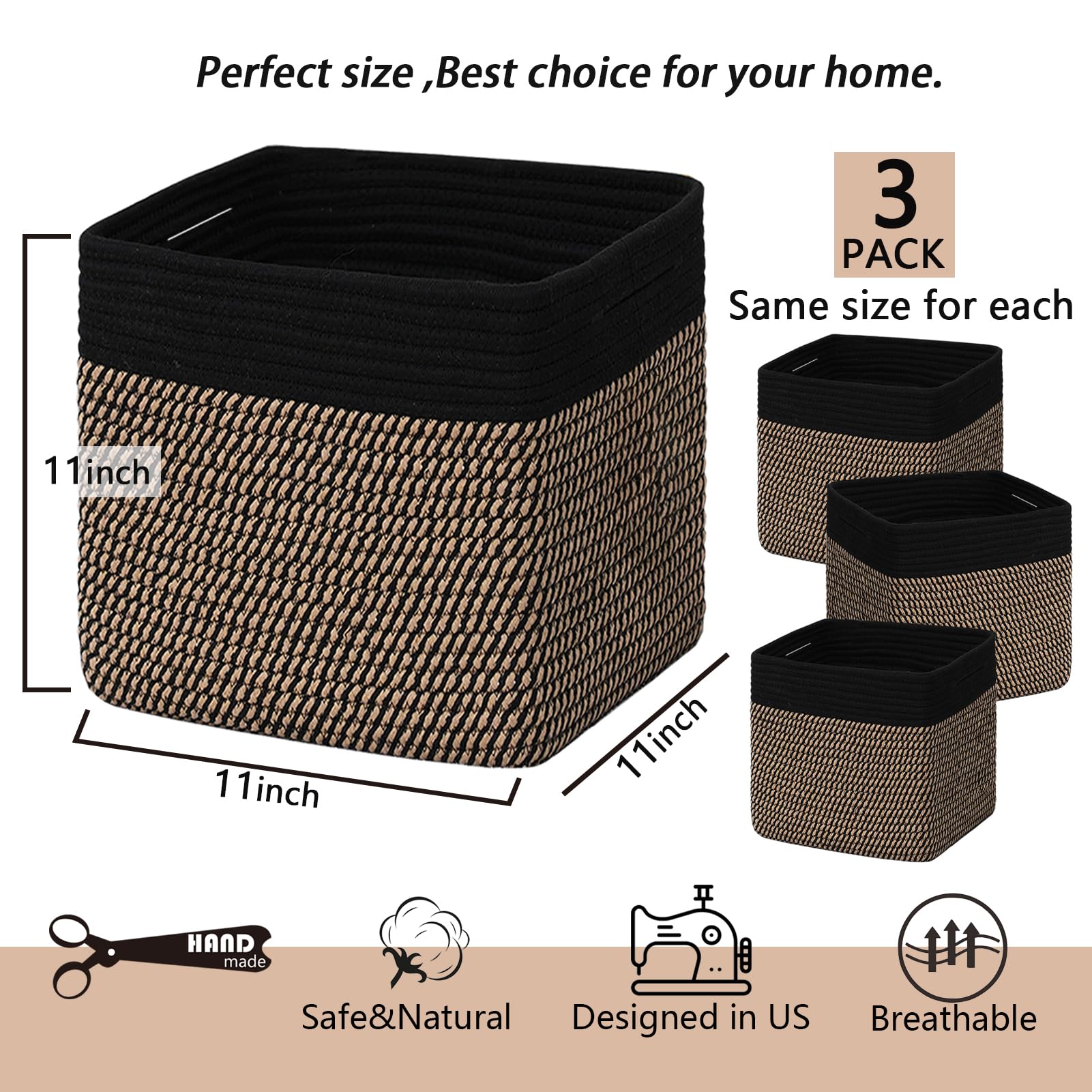 3PACK Cotton Rope Square Basket with Handles for Shelves