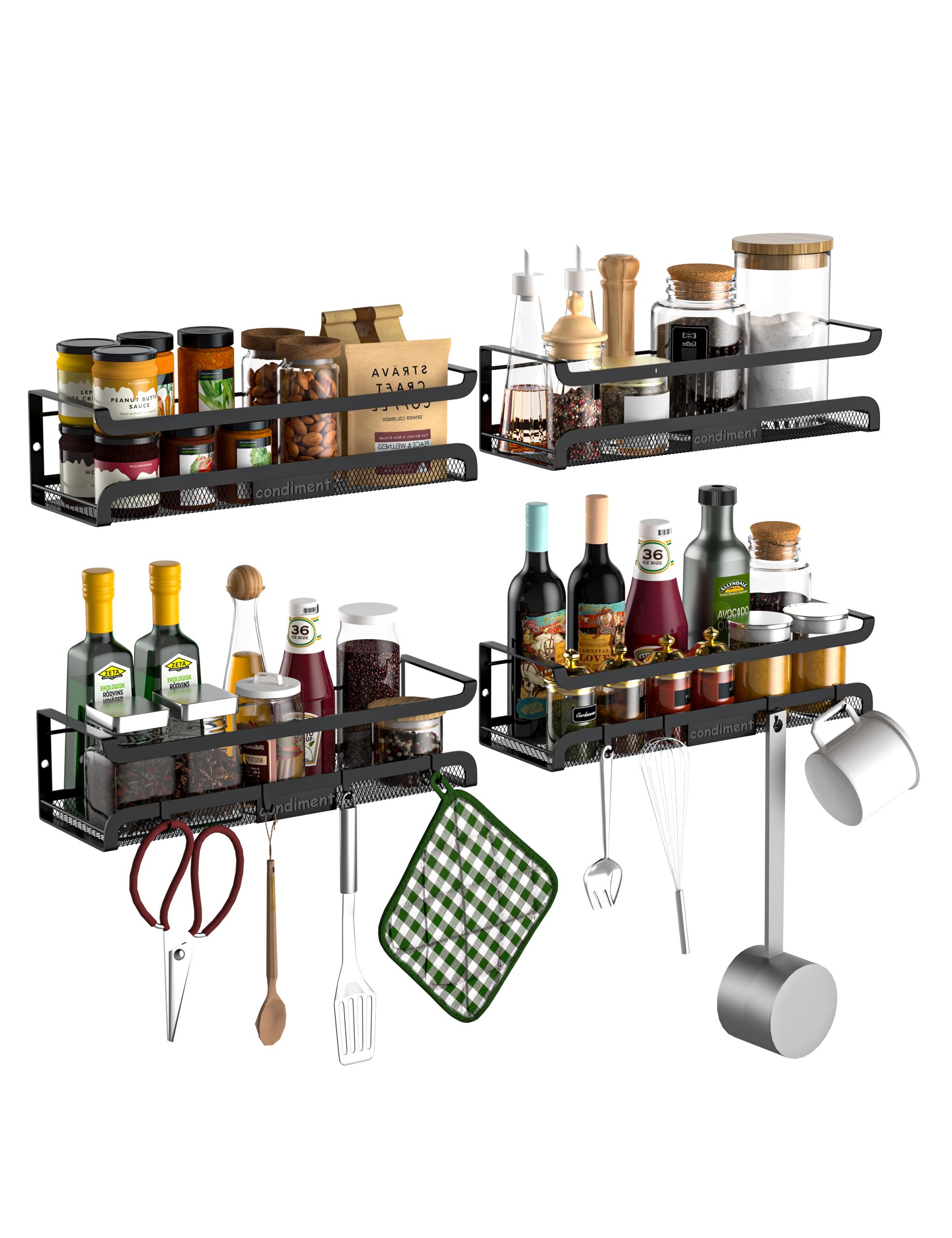 Spice Rack Wall Mount with Hooks (4 Count)
