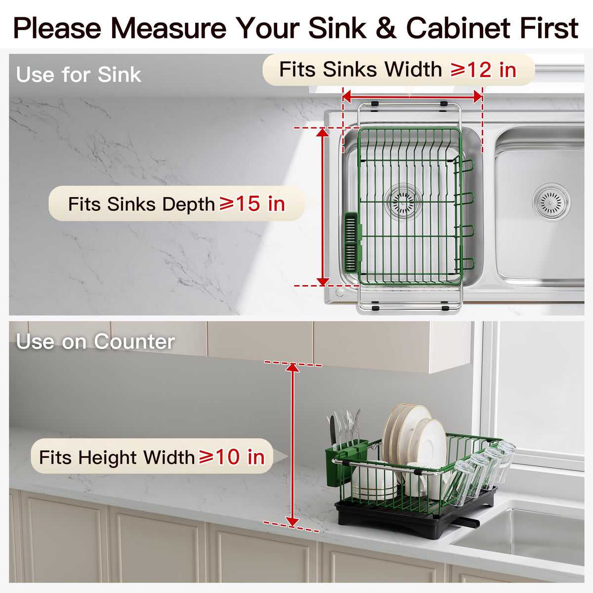 Green Dish Drying Rack in Sink with Drainboard and Utensil Holder