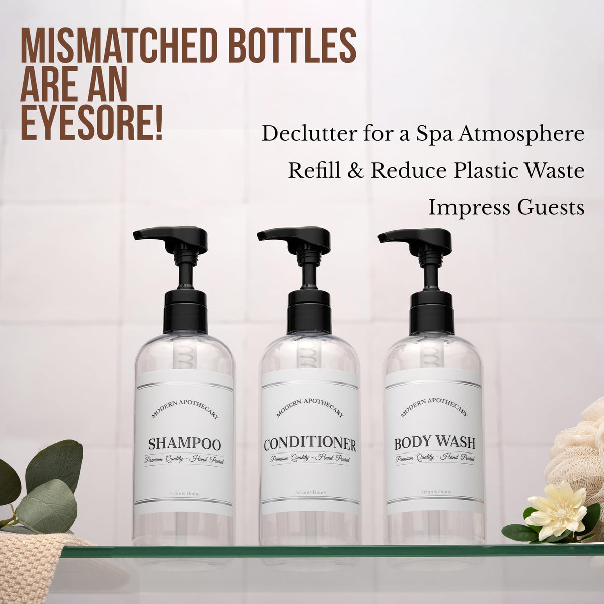 Clear Refillable Shampoo and Conditioner Bottles (3 Count)