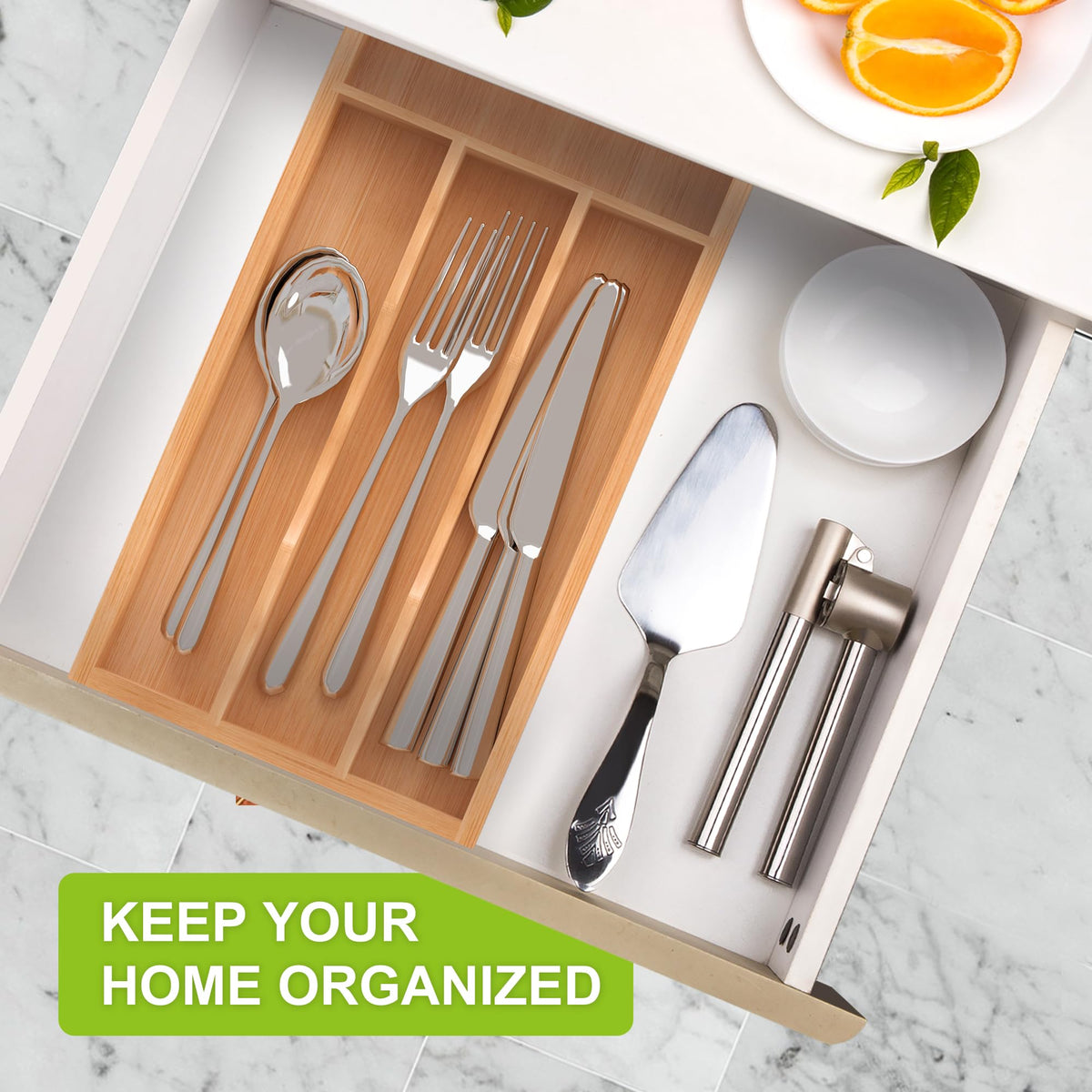 Bamboo Kitchen Silverware Organizer with Removable Divider