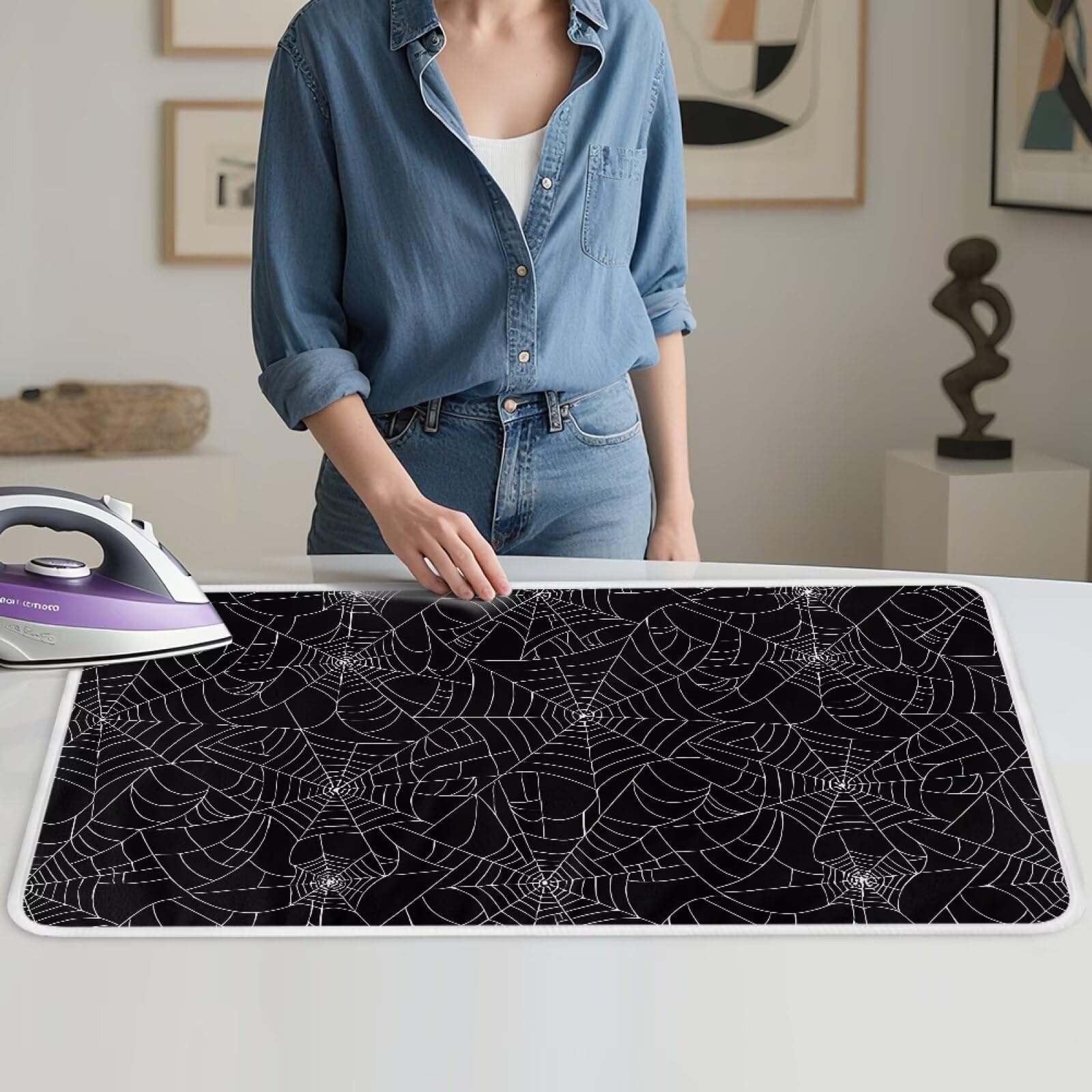 Spider Web Ironing Mat Black Heat Resistant Ironing Blanket Thick Portable Travel Ironing Pad for Table Top Washer and Dryer