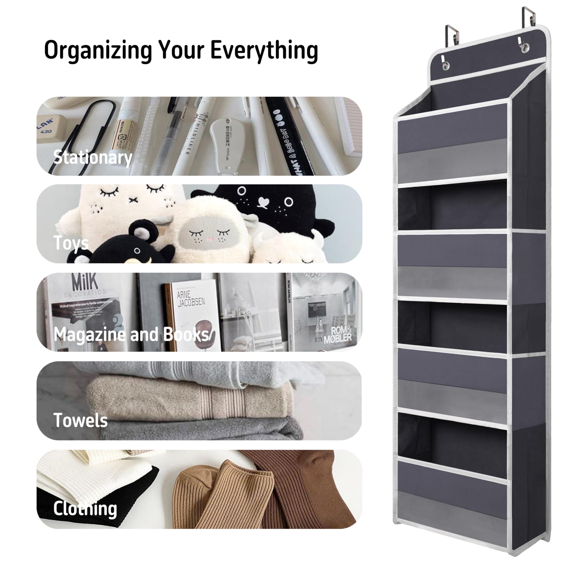 Gray Over Door Organizer with 4 Large Clear Pockets