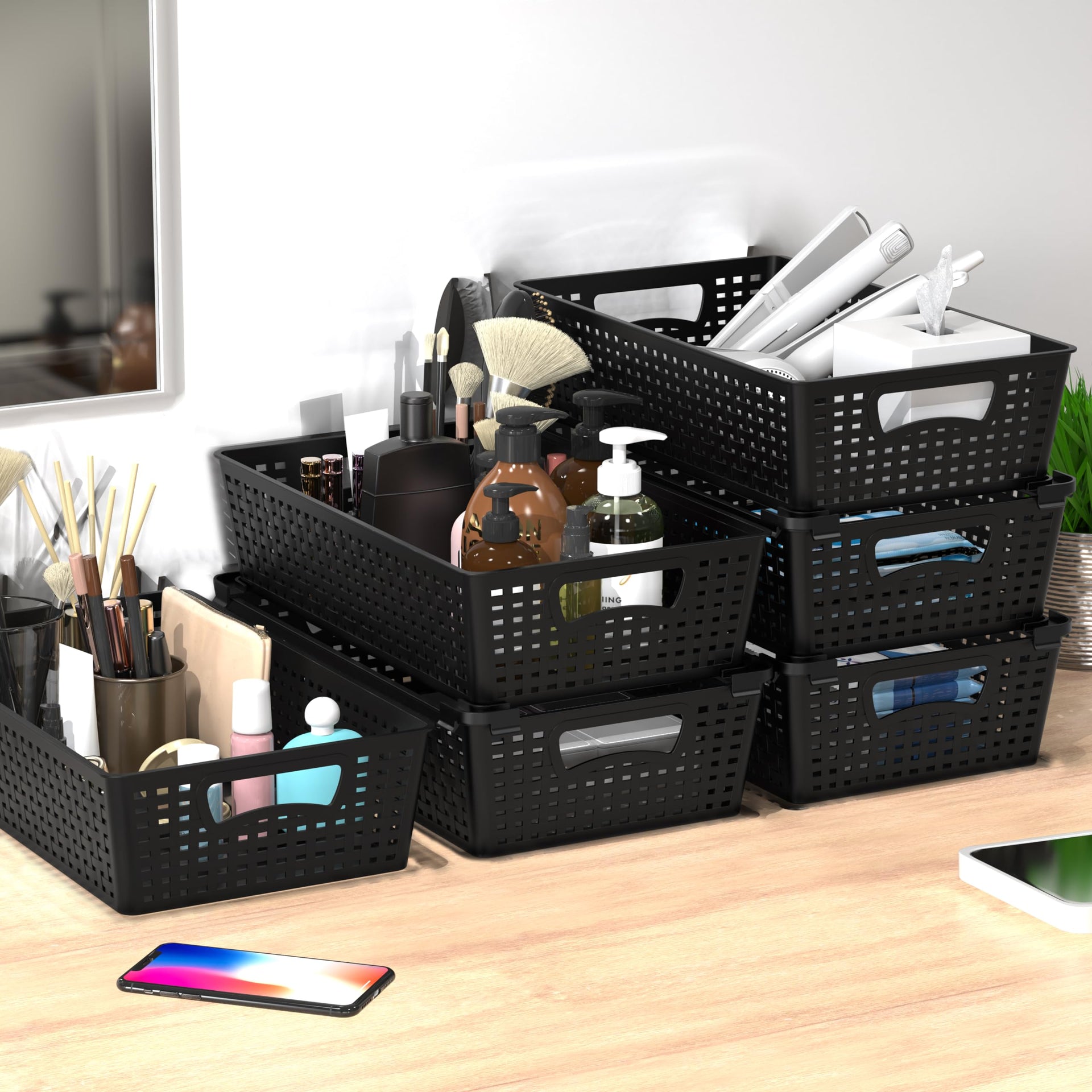 Stackable Plastic Woven Basket Organizer (6 Count)