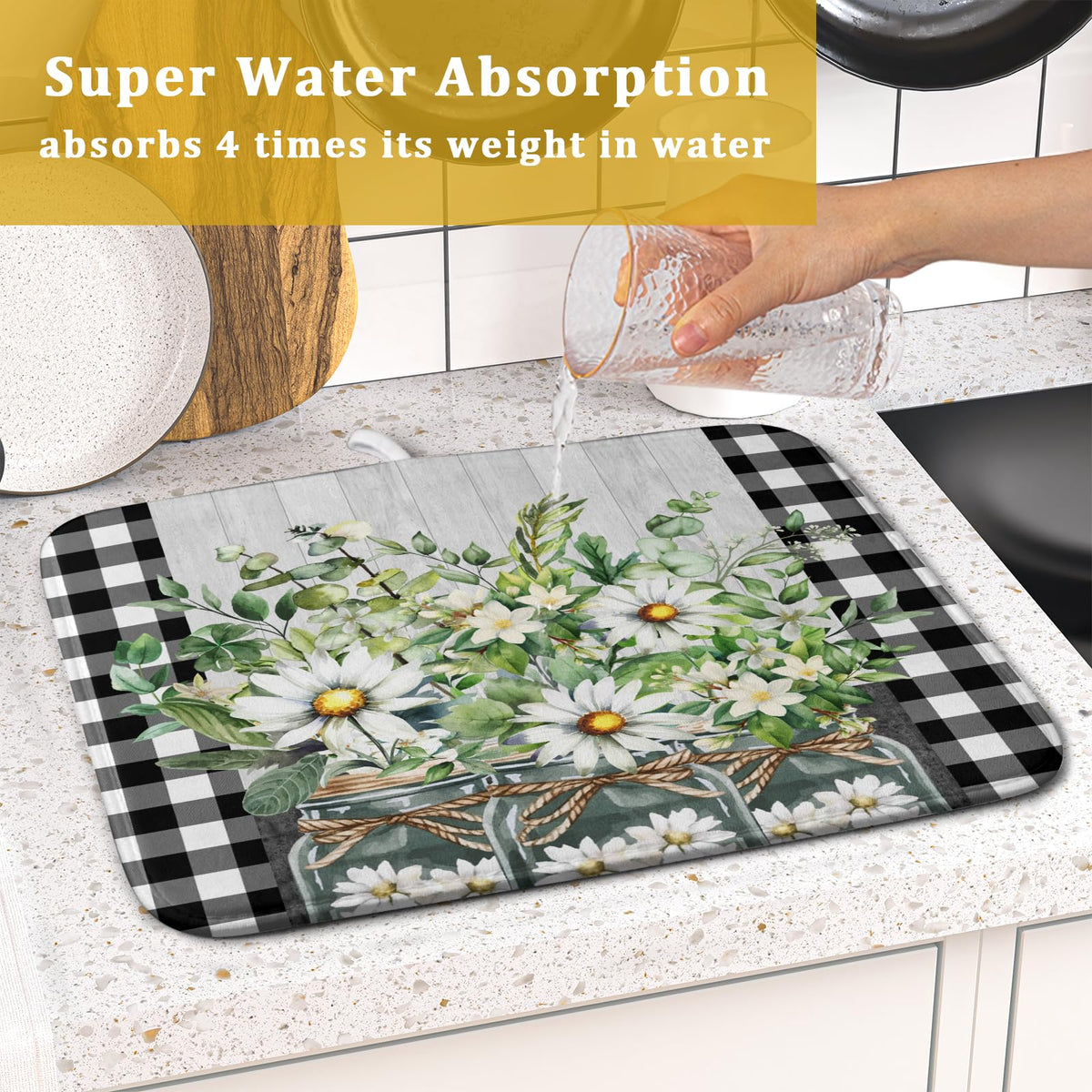Spring Summer White Daisy Flowers Dish Drying Mat for Kitchen Counter Daisy Spring Flowers Dish Drying Mat 16x18 Inch Absorbent Reversible Microfiber Protector Drainer Mat Dishes Pad for Countertops