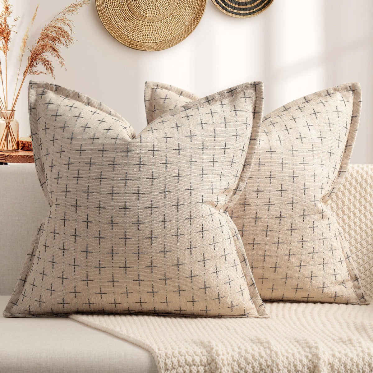 Pillow Covers 18x18 Set of 2 Soft Polyester Textured Pillow Covers with Stylish Flange Edge Cozy Farmhouse Throw Pillows for Couch Bed Sofa Living Room (2 Count)