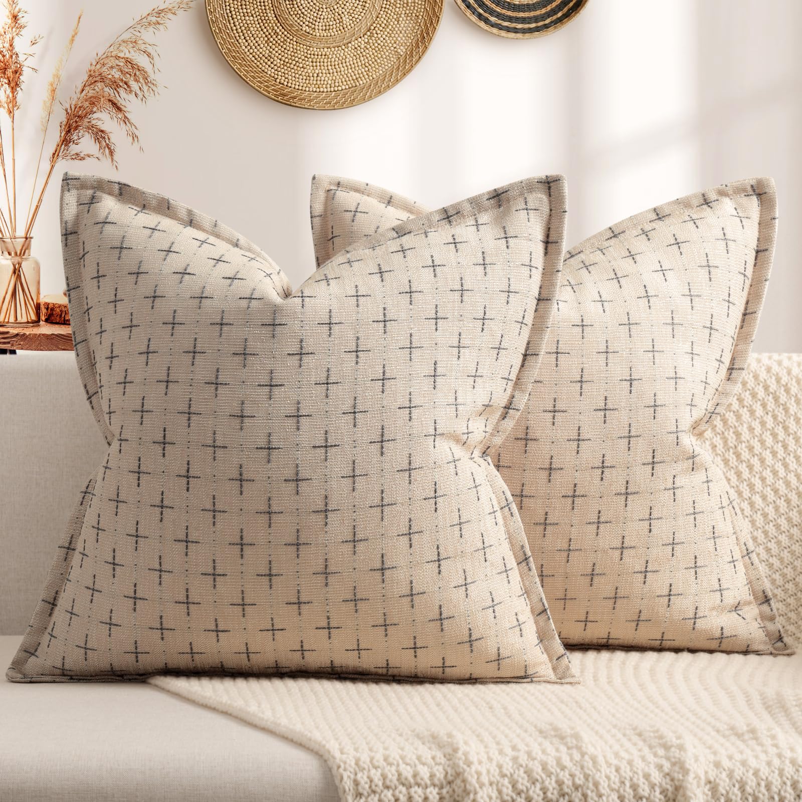 Pillow Covers 22x22 Set of 2 Soft Polyester Textured Pillow Covers with Stylish Flange Edge Cozy Farmhouse Throw Pillows for Couch Bed Sofa Living Room (2 Count)
