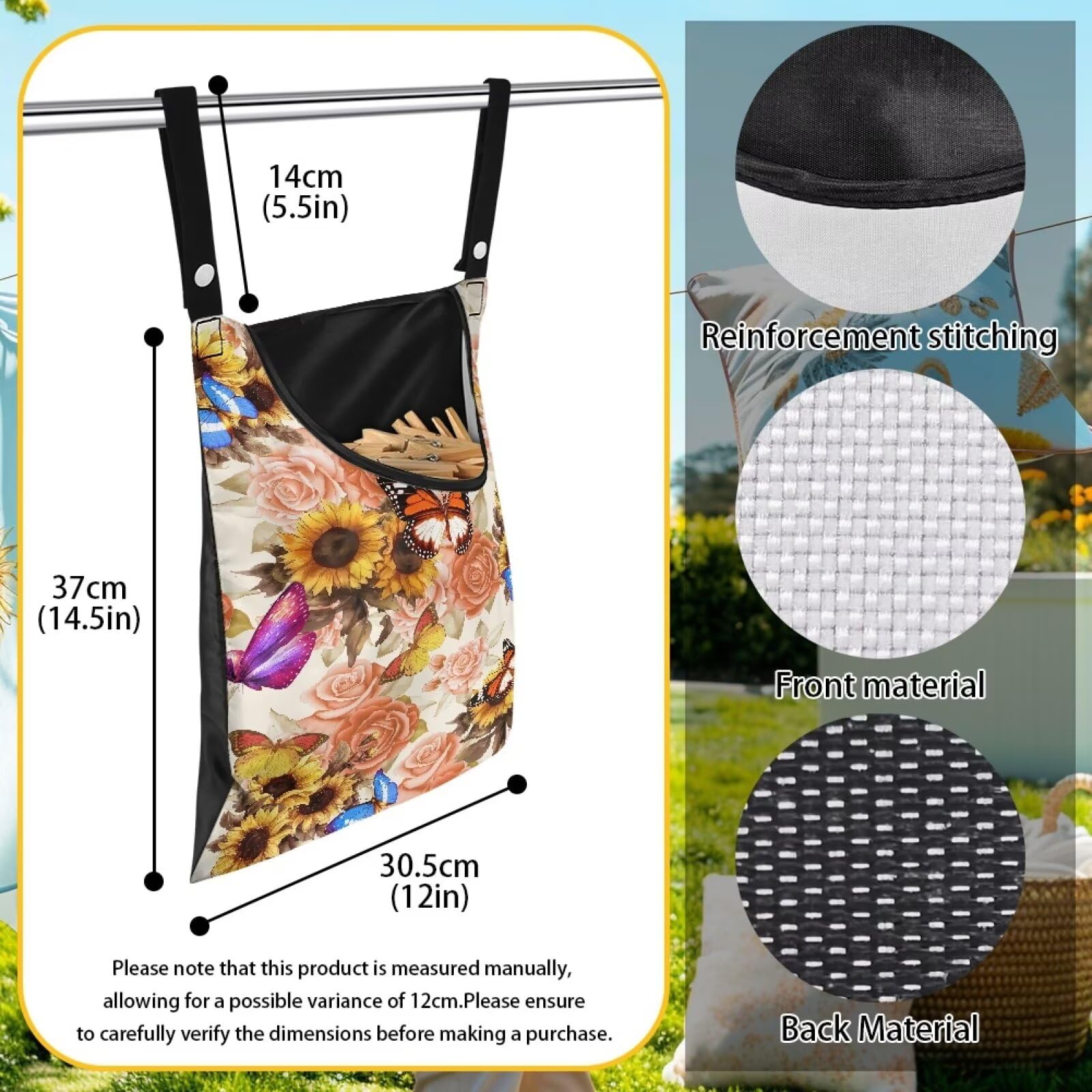 Butterfly Clothespin Bag with Hanging Sunflowers Rose Hook Waterproof Clothes Pin Hanging Bag Space