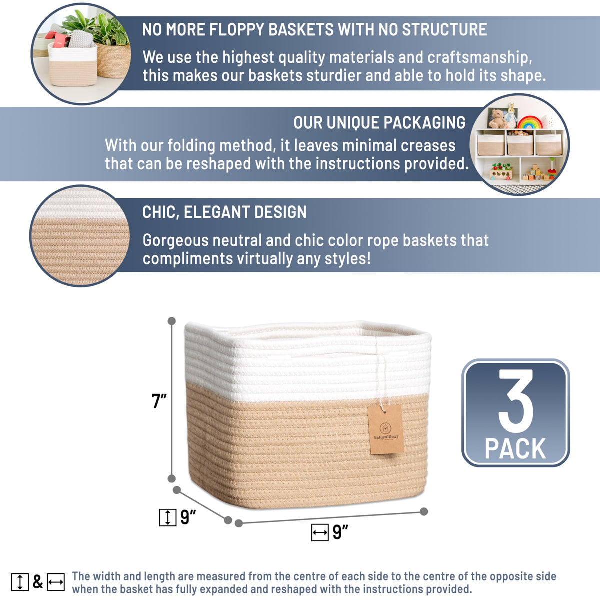 Storage Cubes 9”x9”x7”Cotton Rope Woven Baskets for Organizing 3 (3 Count)