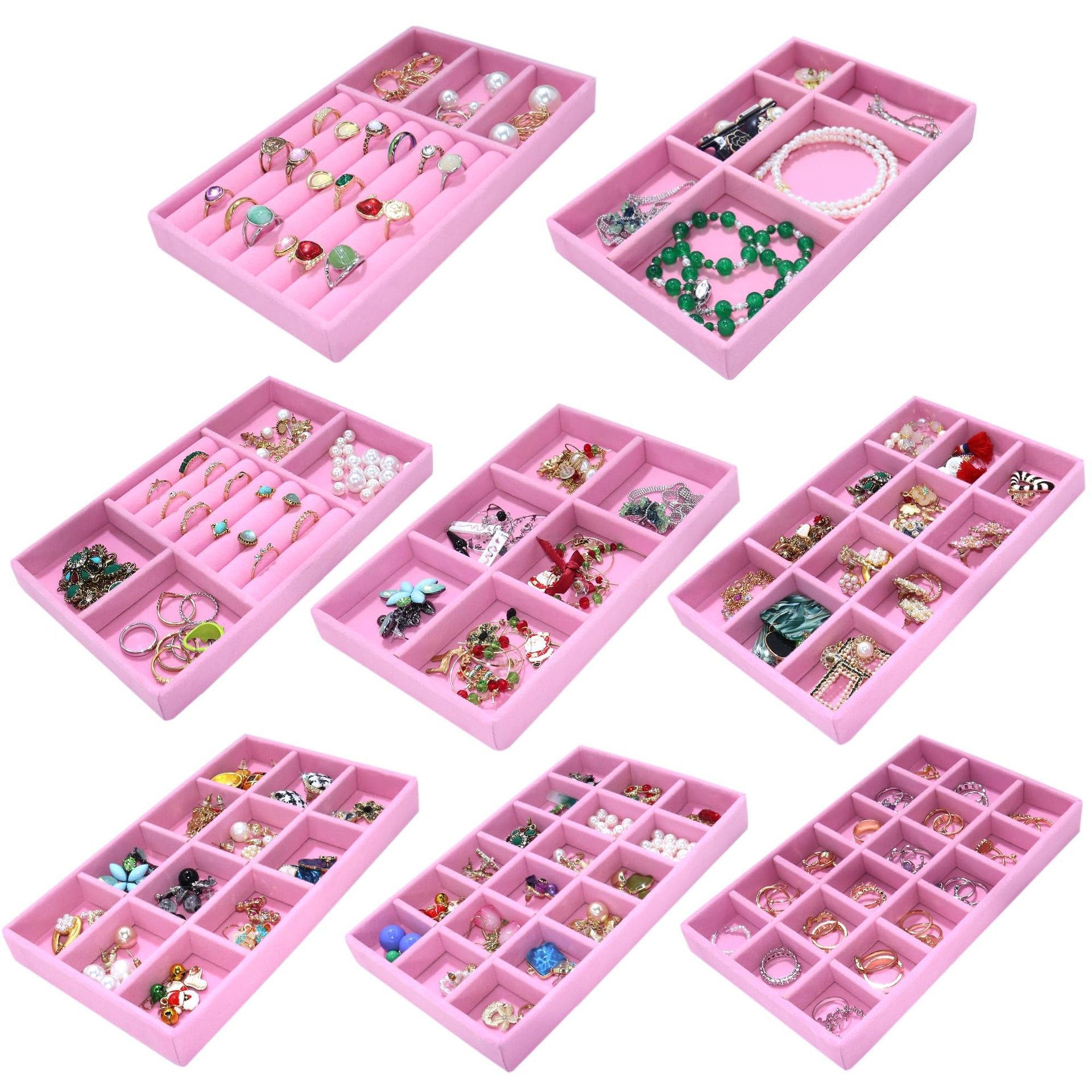 8 Pack Stackable Jewelry Trays Organizer Velvet Earring Organizer Jewelry Tray for Drawers Earring Holder Necklace Bracelet Ring Organizers (8 Count)