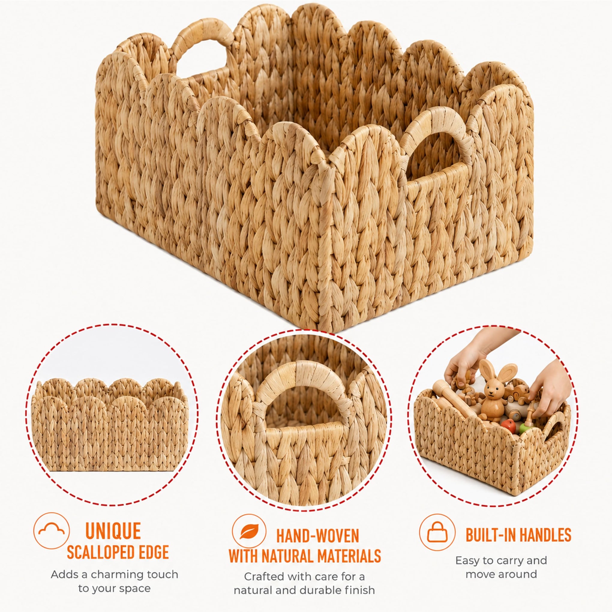 Set of 2 Scalloped Edge Wicker Storage Basket with Built (2 Count)