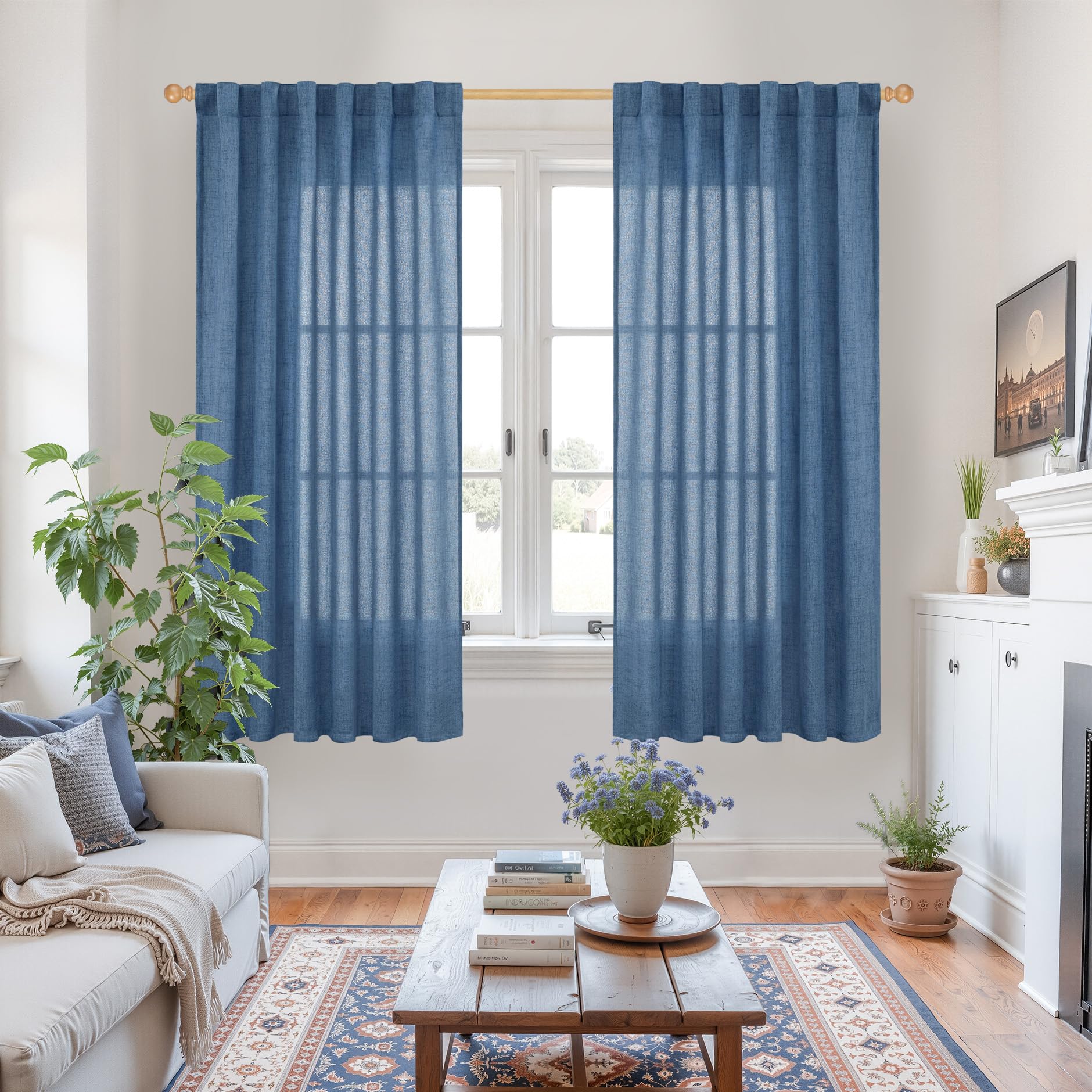 Navy Blue Linen Curtains 63 Inch Length for Living Room Window (2 Count)