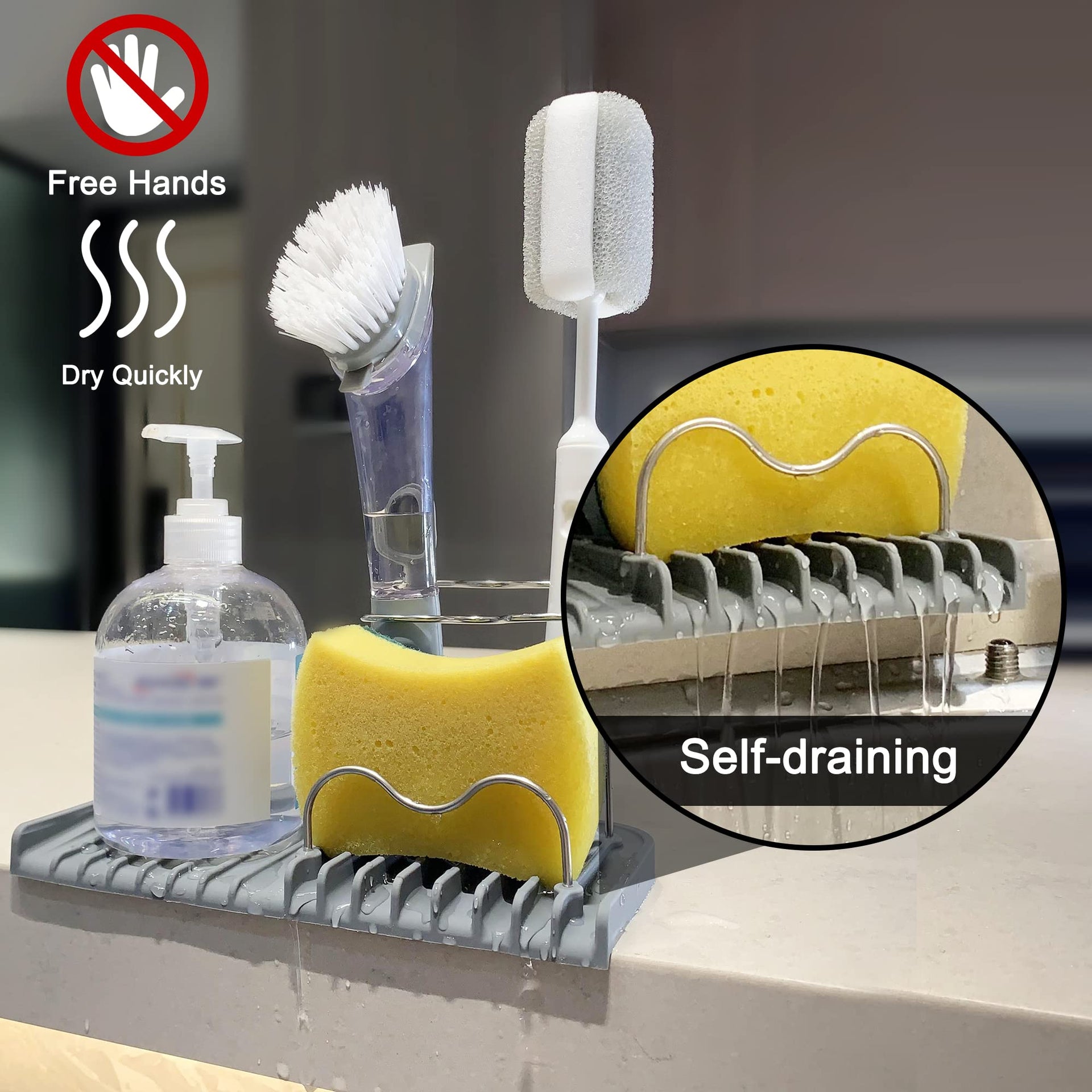 Dish Brush Holder Sponge Holder for Kitchen Sink Caddy Gray