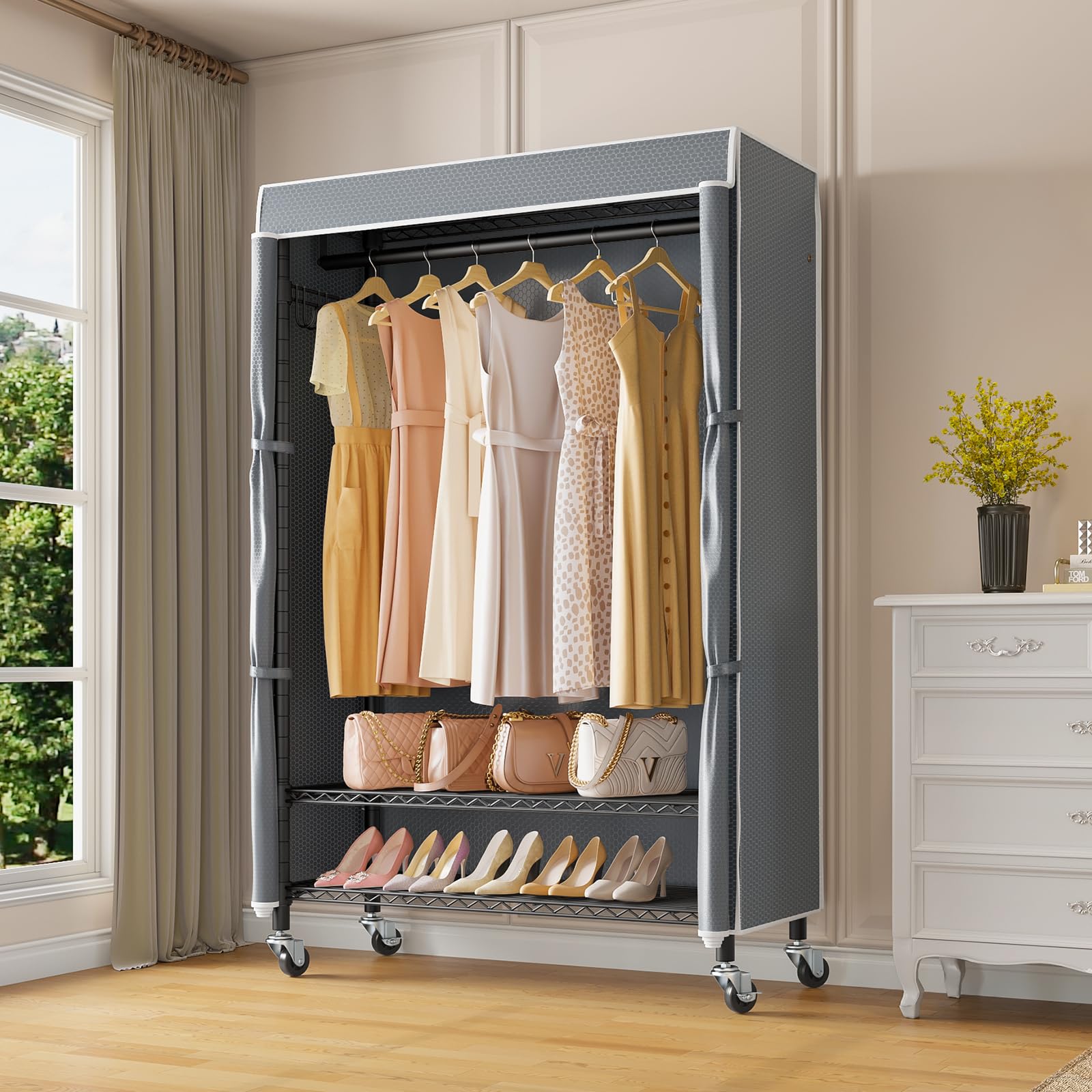 R3C Rolling Clothes Rack with Cover Portable Closet Heavy Duty