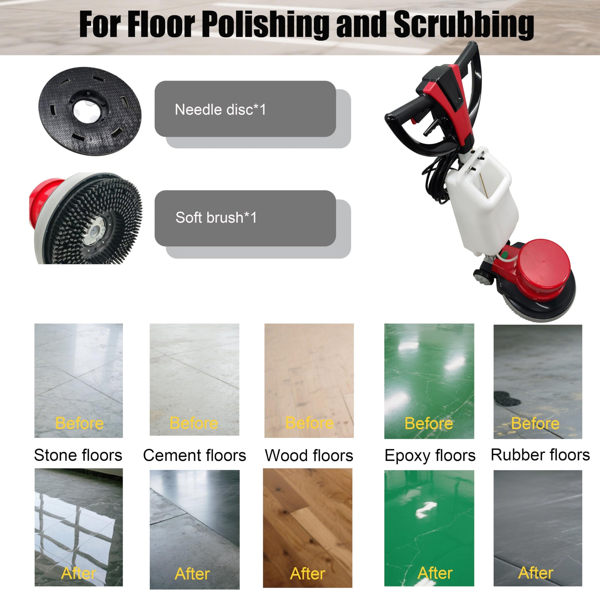 110V 17" Floor Scrubber Buffer Heavy Duty Polisher Machine Polished Waxed Refurbished Tile Scrubber Cleaner Wood Marble Cement Pavement Epoxy Rubber Carpet