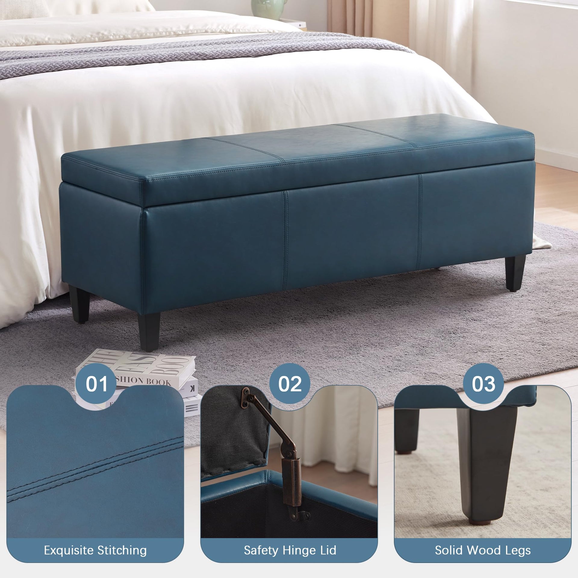 Faux Leather Storage Ottoman Bench 50.3 Inch Extra Long PU Upholstered Bedroom Bench with Large Storage Space for The Living Room