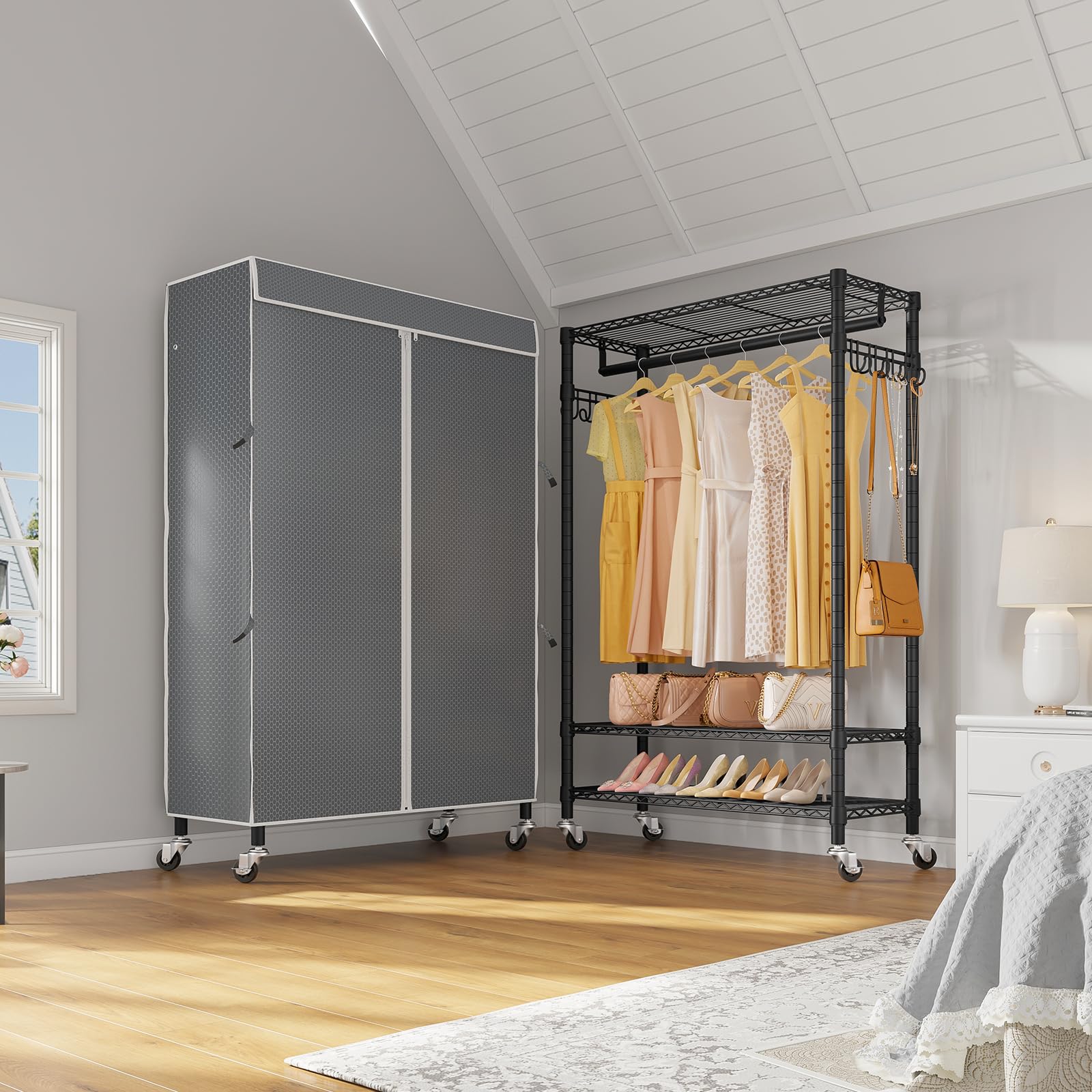 R3C Rolling Clothes Rack with Cover Portable Closet Heavy Duty