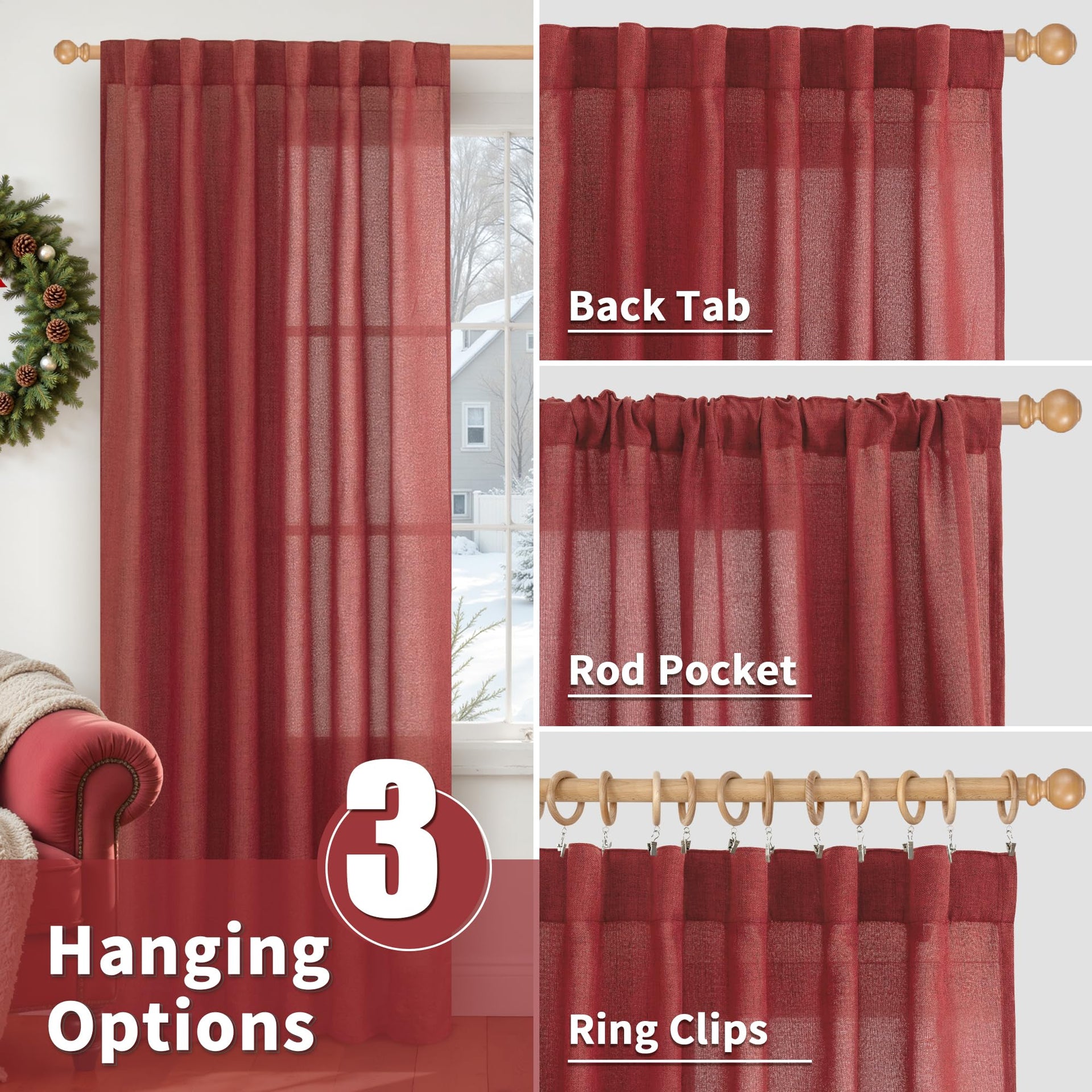 Burgundy Red Linen Curtains for Living Room 72 Inches Long (2 Count)