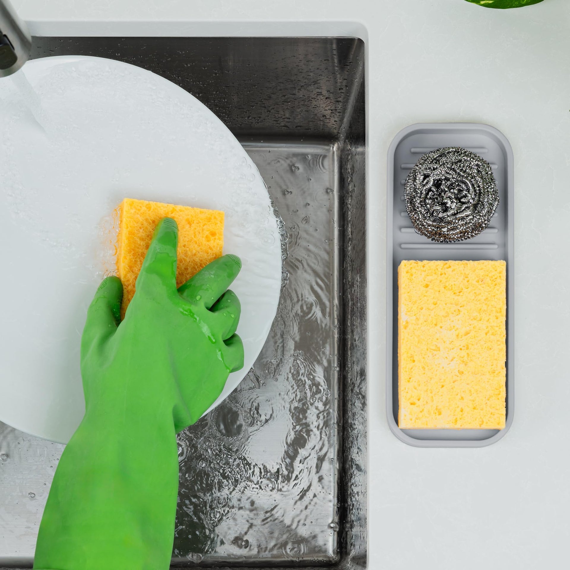 9x3.5in) Sponge Holder for Kitchen Sink - Flexible Heavy-Duty Multipurpose Sink Caddy - Counter Organizer for Kitchen, Bathroom, Makeup, Trinkets & More! (Grey)