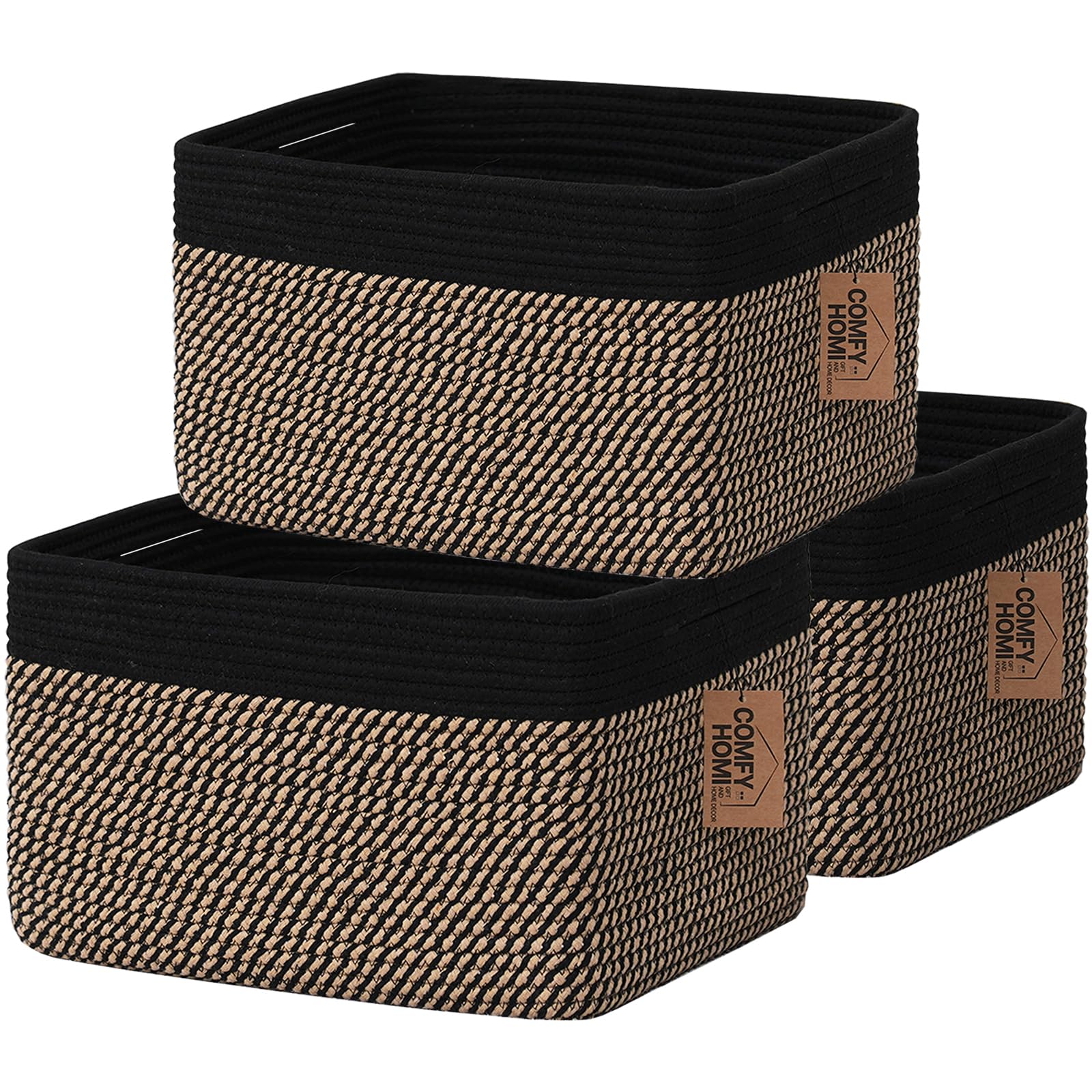 3PACK Cotton Rope Square Basket with Handles for Shelves (3 Count)