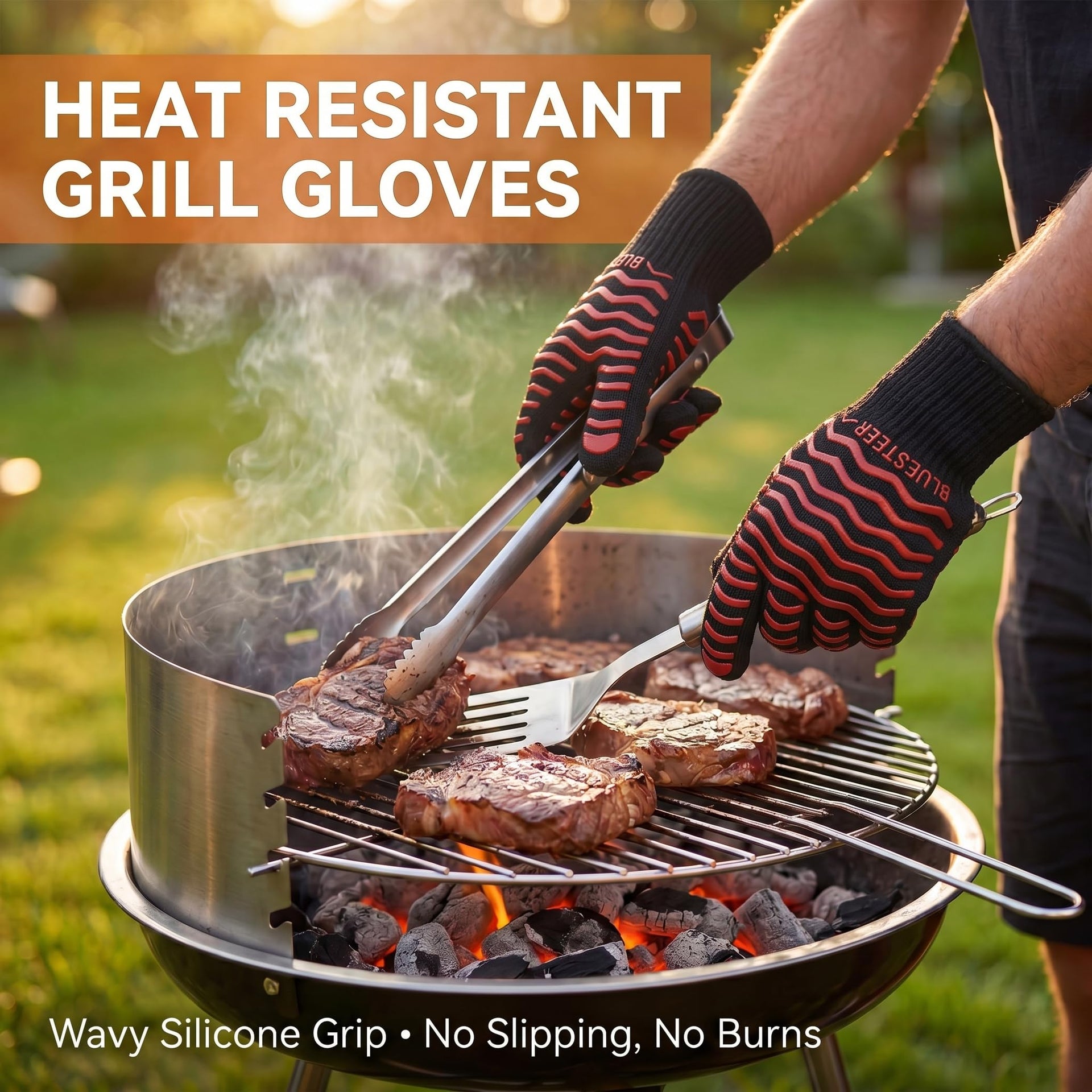 BBQ Gloves 1472°F Heat Resistant Oven Gloves with Fingers Heat Proof Grill Gloves Non (9.6 Ounce)