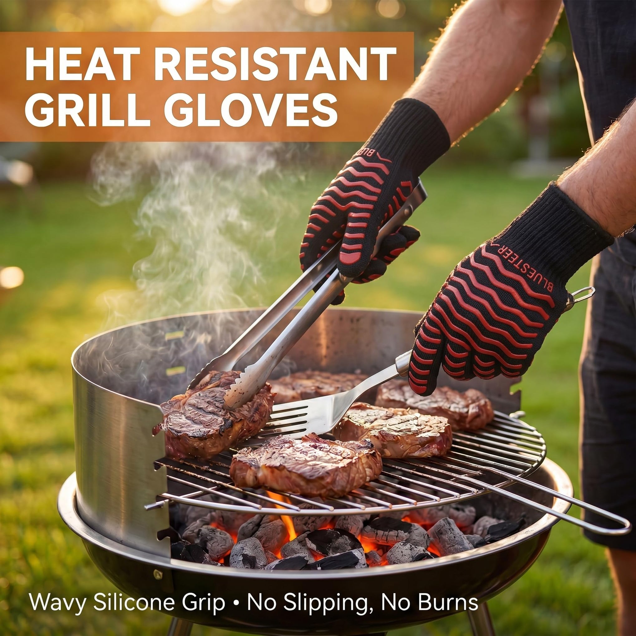 BBQ Gloves 1472°F Heat Resistant Oven Gloves with Fingers Heat Proof Grill Gloves Non (9.6 Ounce)