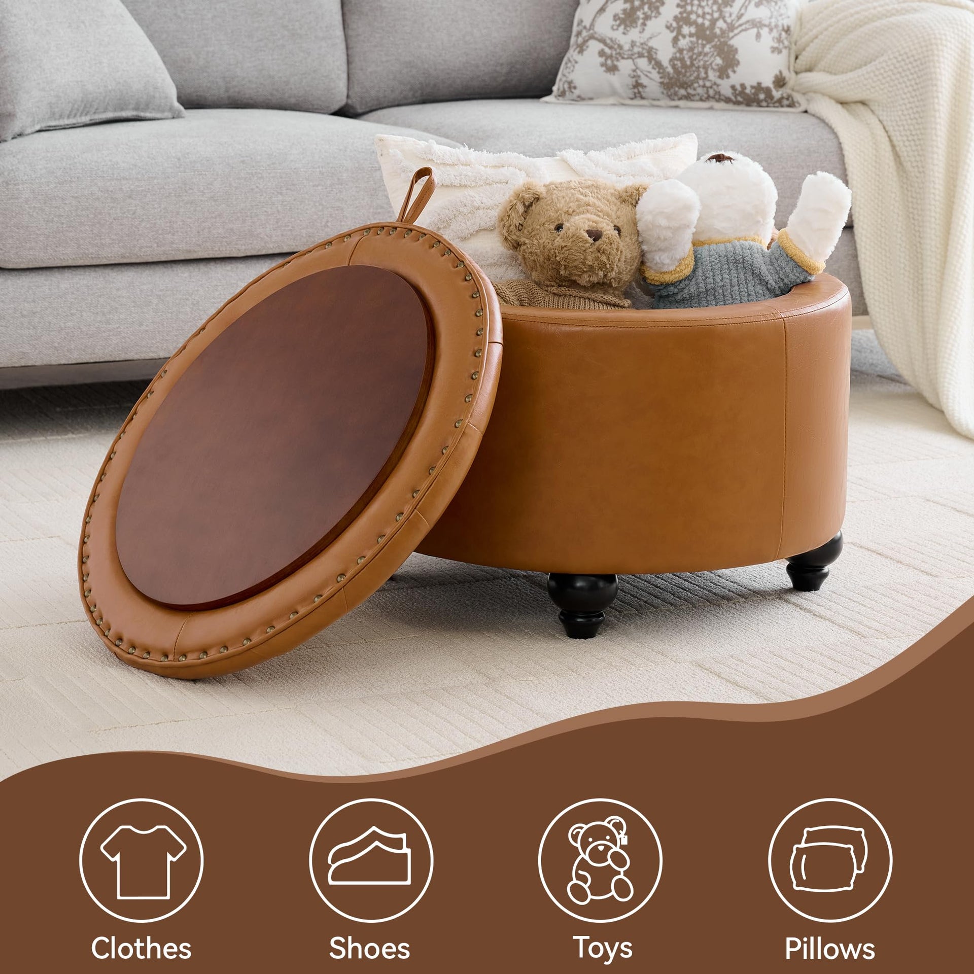24Inch Round Storage Ottoman with Tray