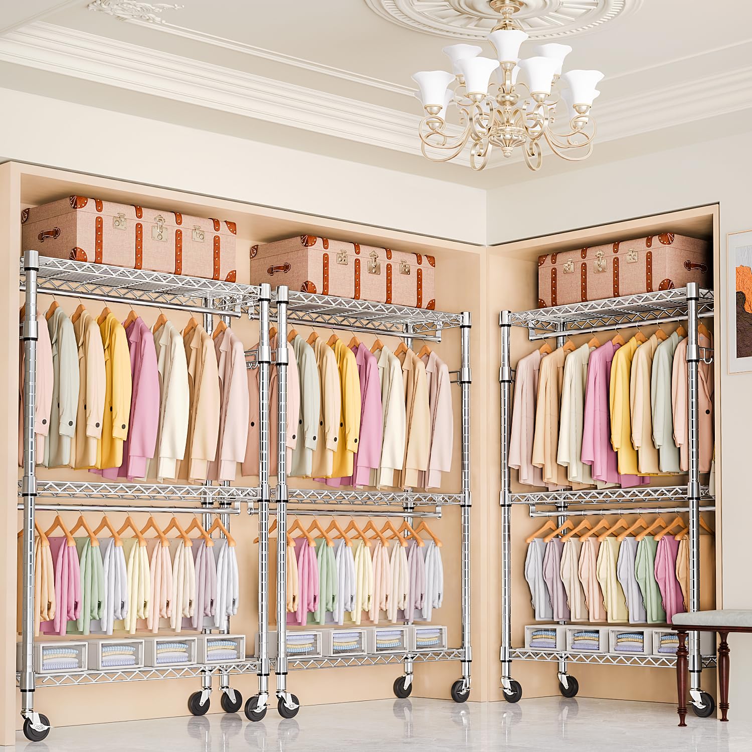Heavy Duty Rolling Garment Rack 3 Tiers Adjustable Wire Shelving Clothes Rack with 2 Rods and Side Hooks