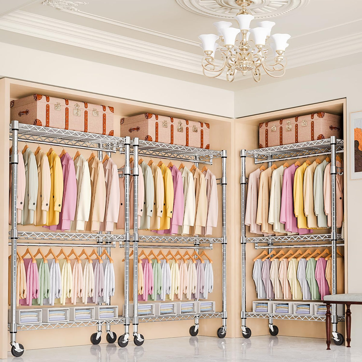 Heavy Duty Rolling Garment Rack 3 Tiers Adjustable Wire Shelving Clothes Rack with 2 Rods and Side Hooks