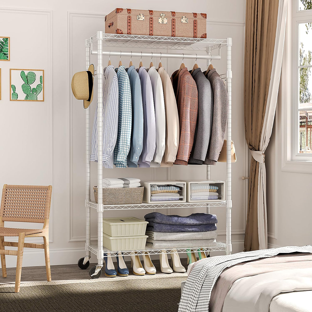 Heavy Duty Rolling Garment Rack 3 Tiers Adjustable Wire Shelving Clothes Rack with Rods and Side Hooks