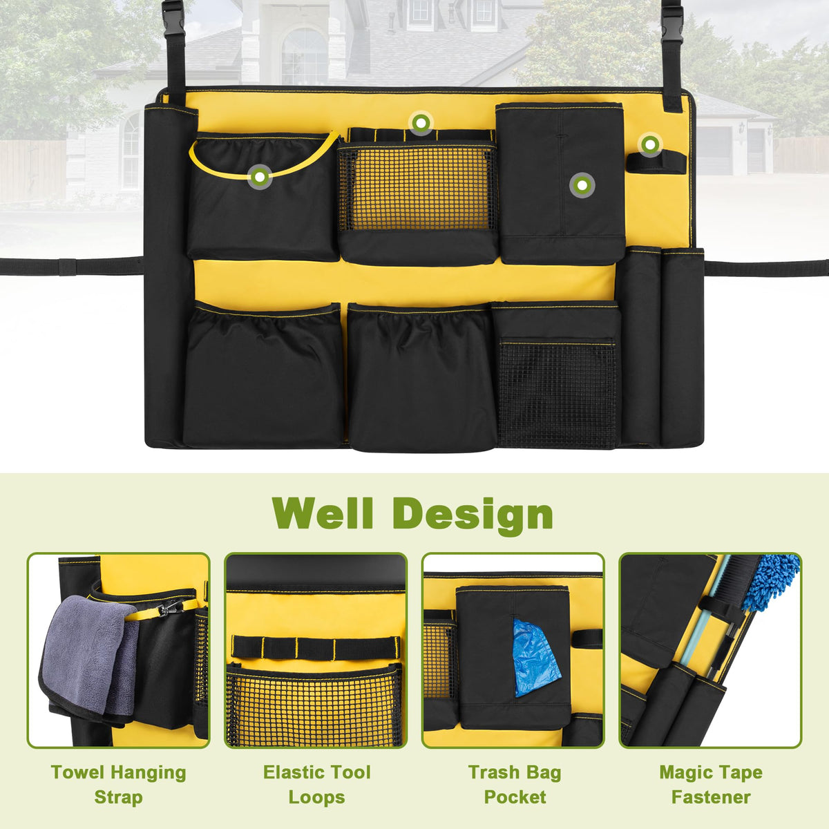 32 55 Gallon Trash Can Caddy Bag with Multi Pockets for Clean Tools