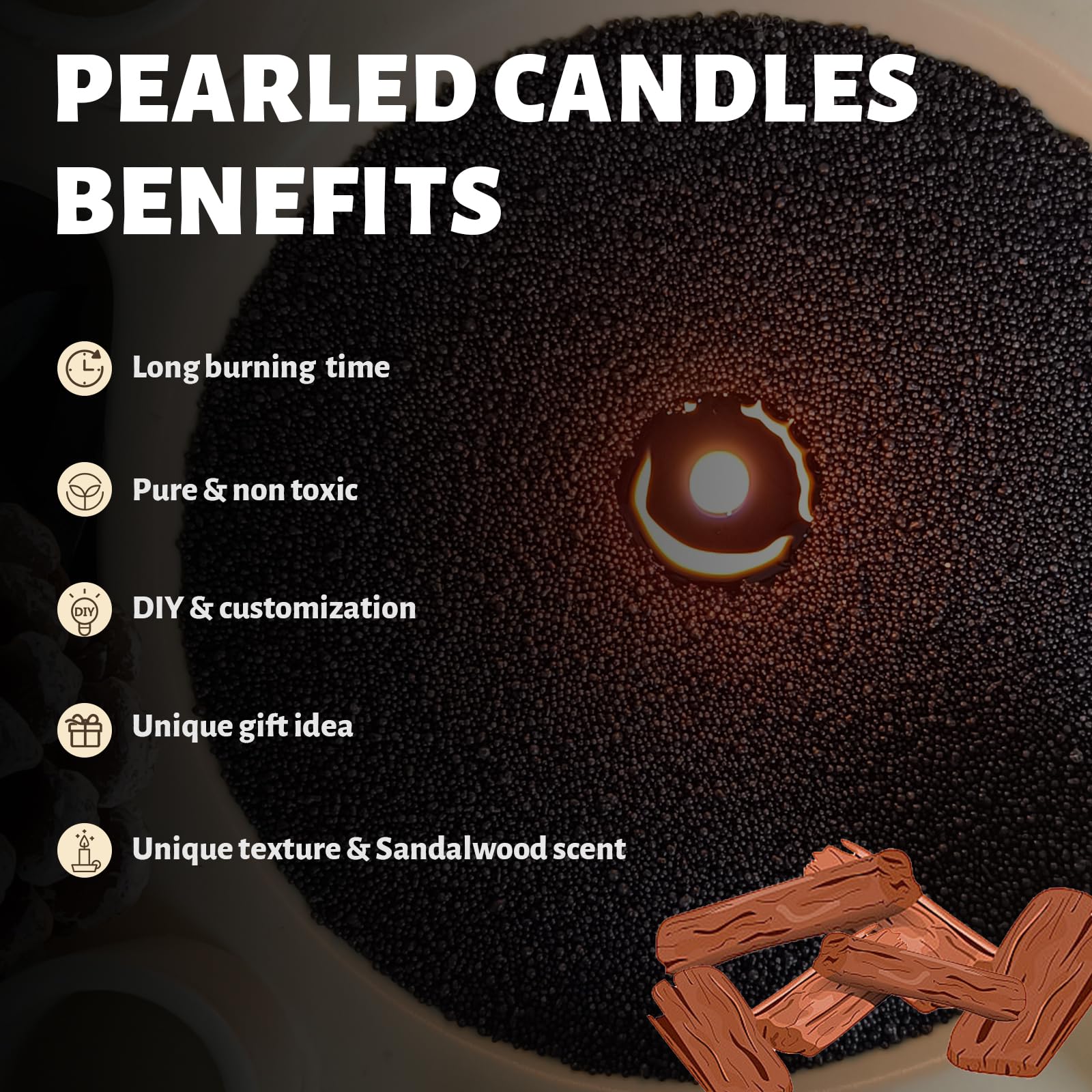 Sandalwood Scented Black Pearled Candle 70.5oz Luxury Sand Candle Granulated Wax (70.5 Ounce)