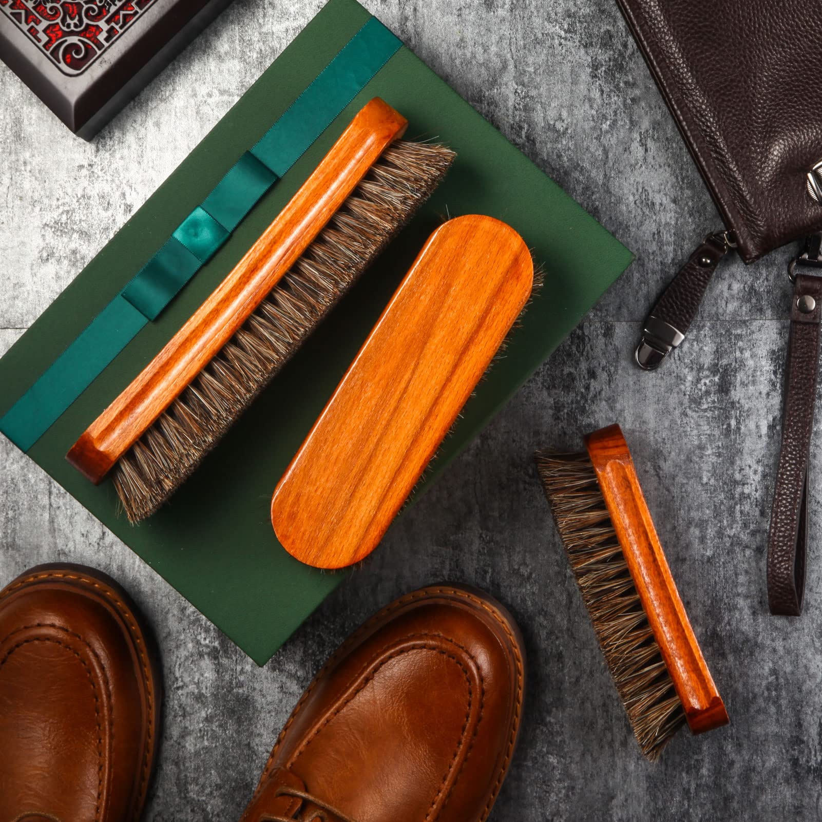 4 Pcs Horsehair Shine Shoes Brush Kit Polish Dauber Applicators Cleaning Leather Shoes Boots Care Brushes Suede Cleaner Brush with Microfiber Shoe Gloves (3 Count)