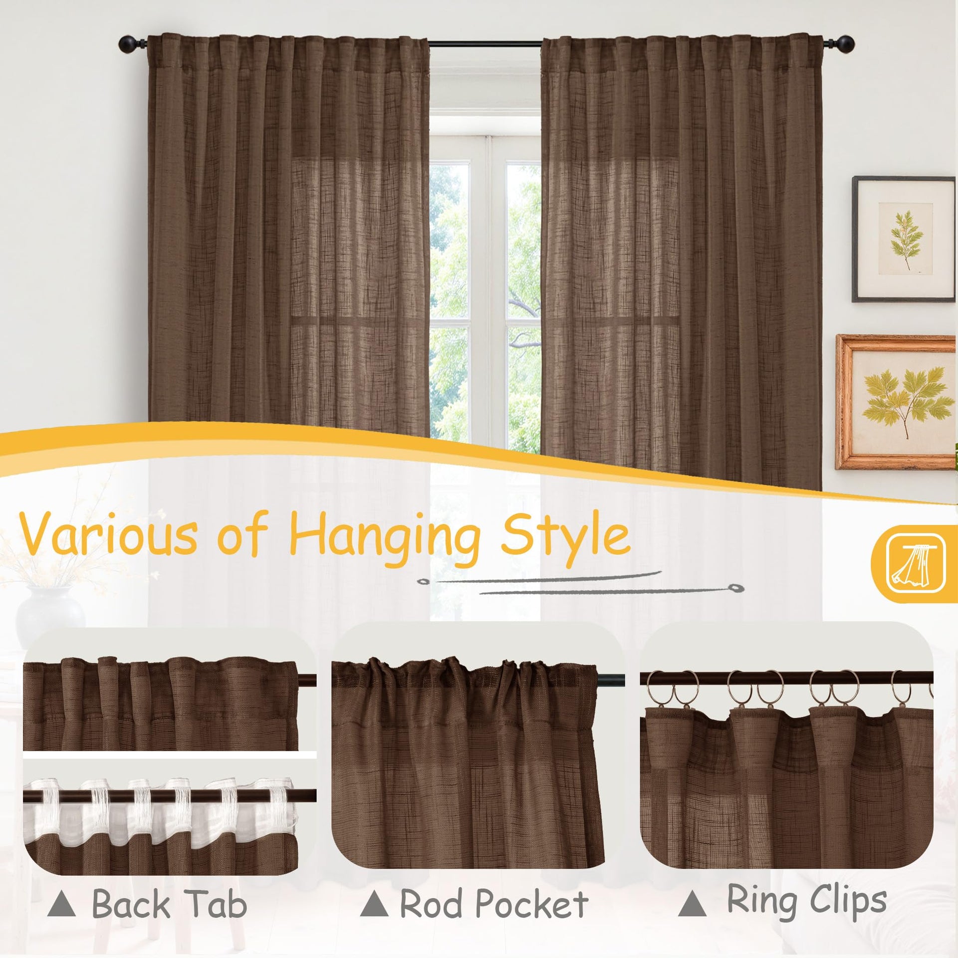 Brown Linen Semi Sheer Curtains 48 Inches Long 2 Panels (2 Count)