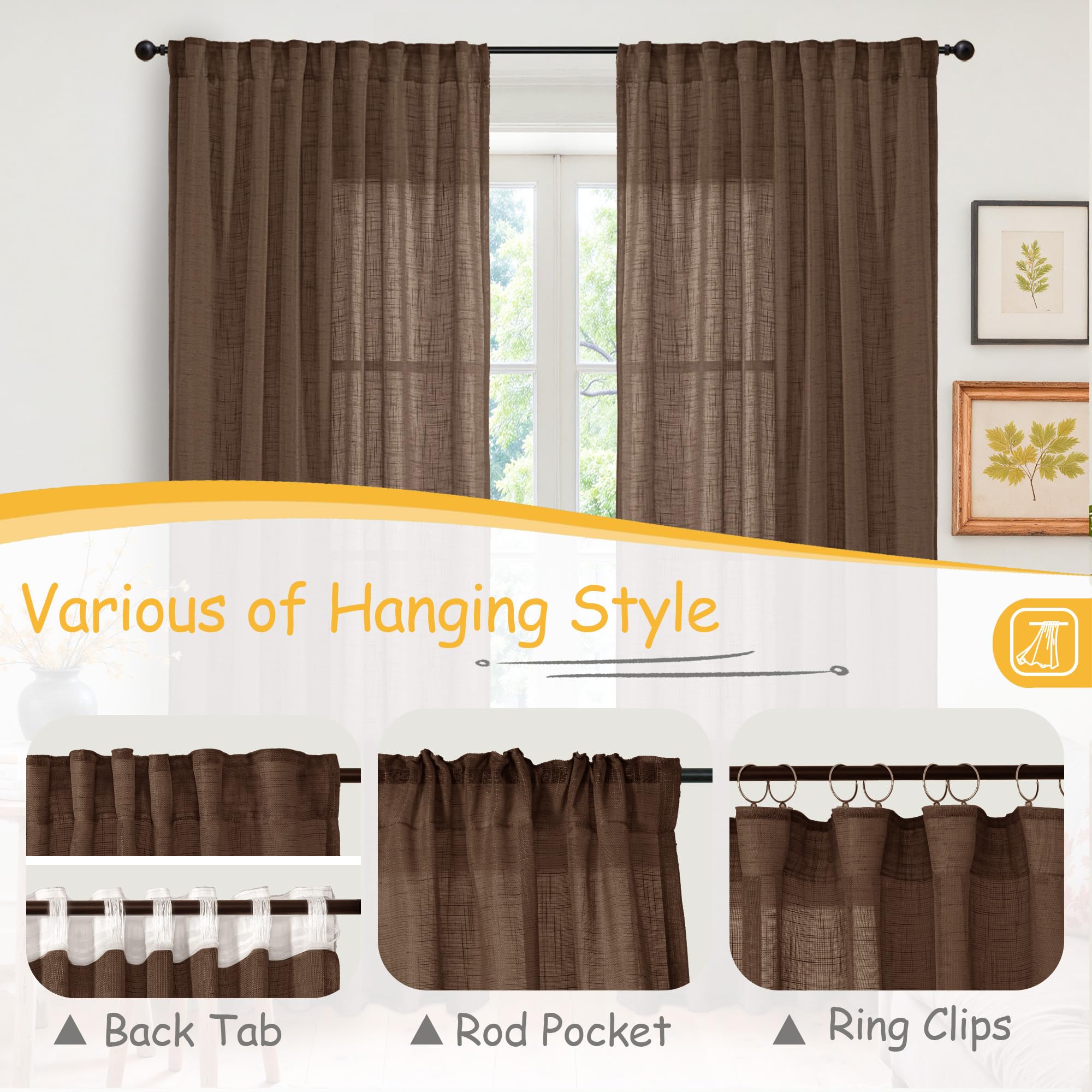Brown Linen Semi Sheer Curtains 48 Inches Long 2 Panels (2 Count)