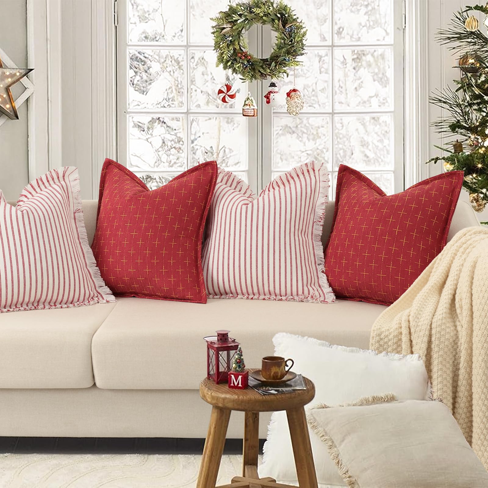 Christmas Pillow Covers 24x24 Set of 2 Soft Polyester Textured Red Pillows with Stylish Flange Edge Cozy Farmhouse Christmas Decor for Couch Bed Sofa Living Room (2 Count)