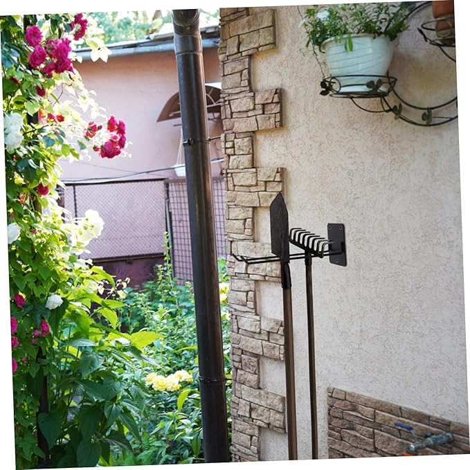 Wall Mount Garden Tool Organizer Heavy Duty Rake and Mop Holder Hooks for Brooms Shovels and Hoses Easy Installation and Design