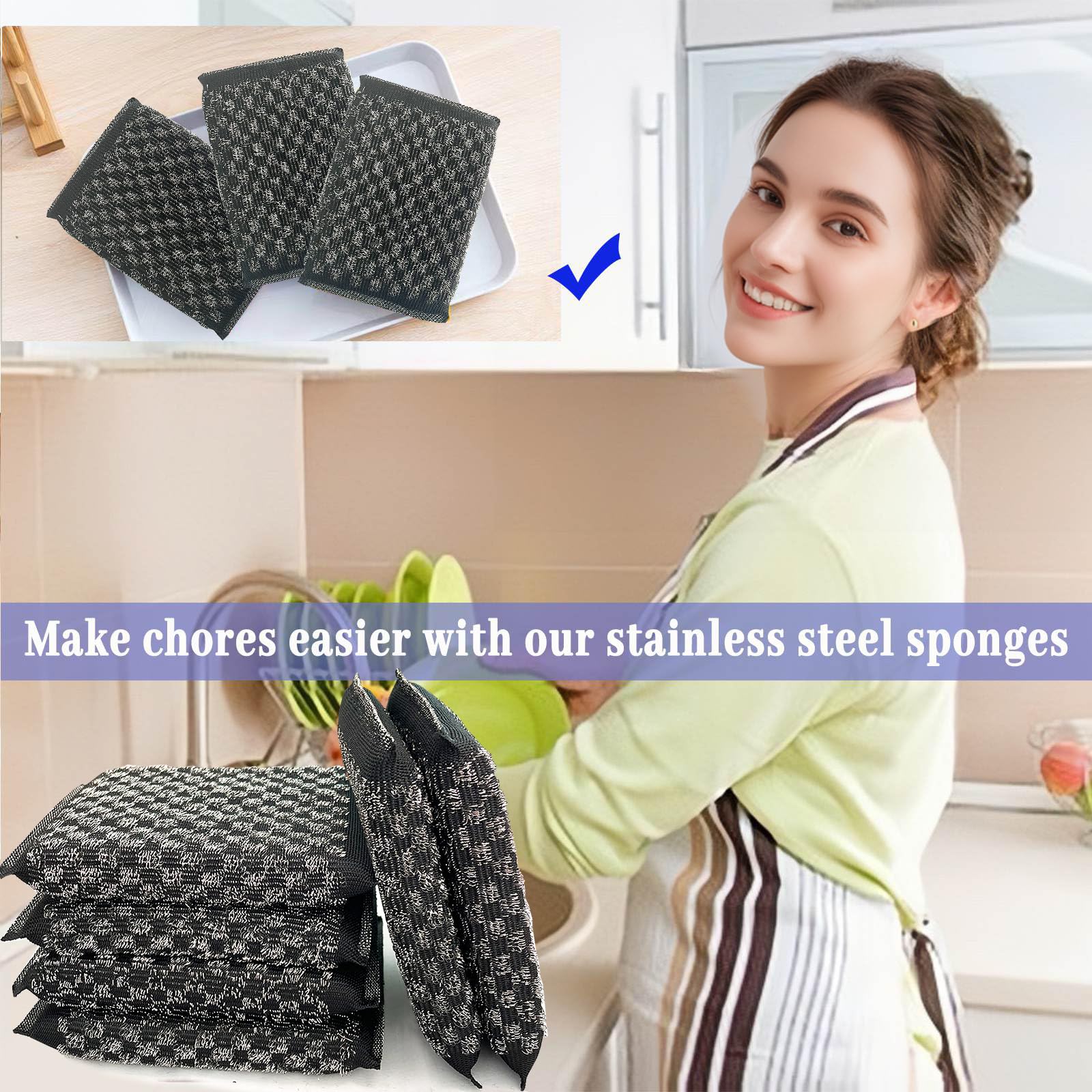 Steel Wool Scrubbers Dish Sponges Kitchen Scrubbing Pads Pot Scrubber for Kitchen Non Scratch (6 Count)