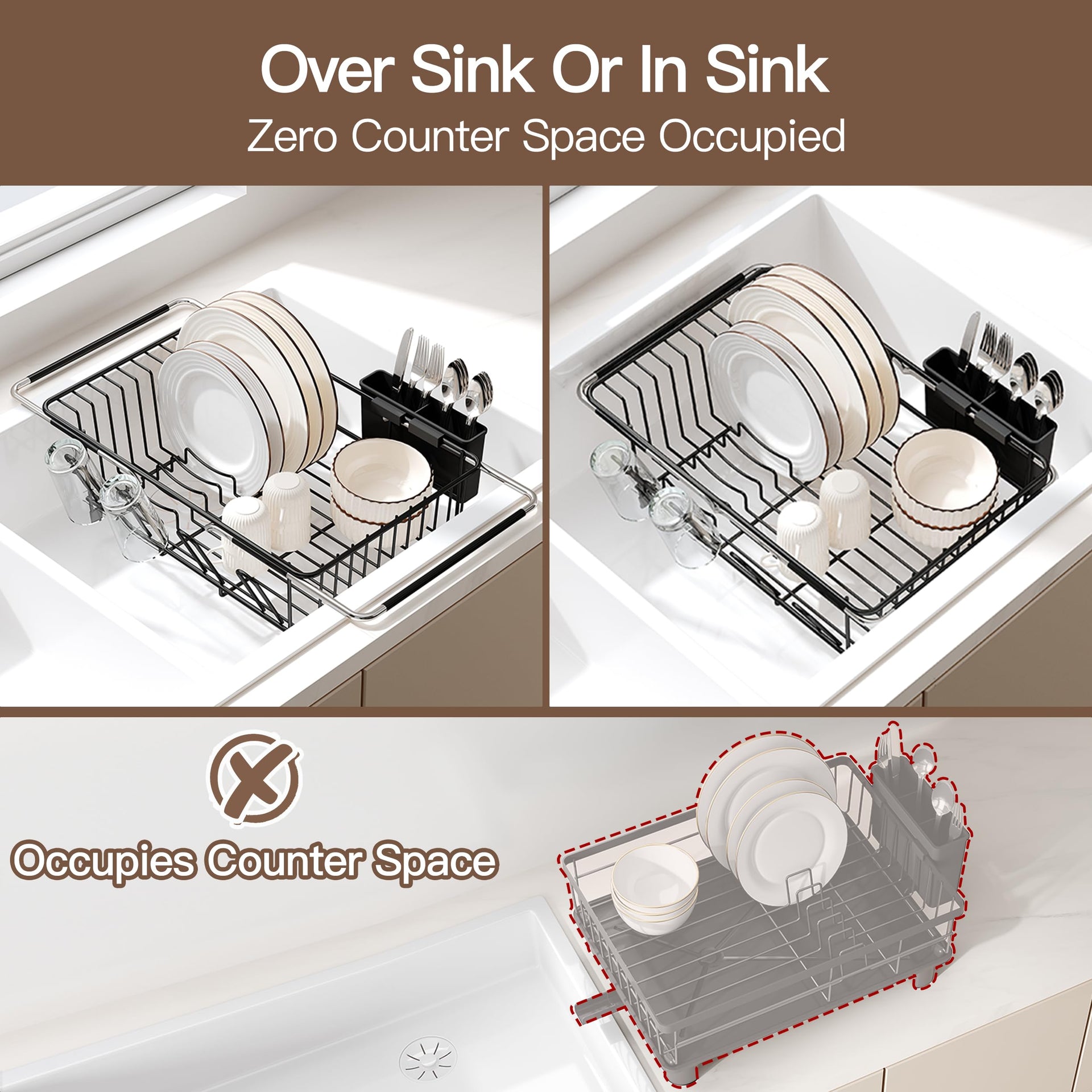 Over the Sink Expandable Dish Drainer Drying Rack In Stainless Steel for Small Kitchen
